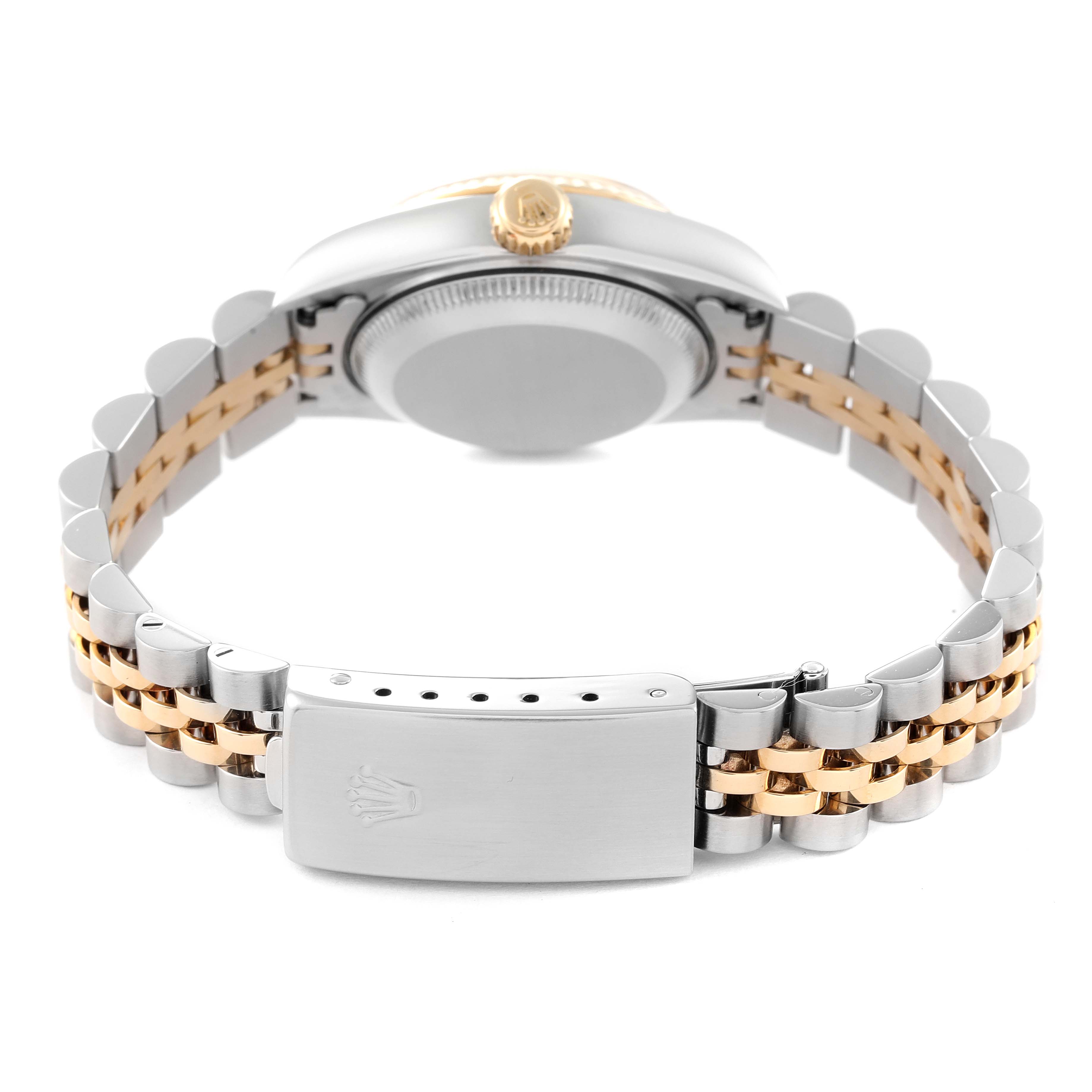 This image shows the back and clasp of a Rolex Datejust 79173 Women's Steel and Gold (two tone) Silver Dial 79173 Women's Steel and Gold (two tone) Silver Dial watch, featuring a two-tone bracelet.