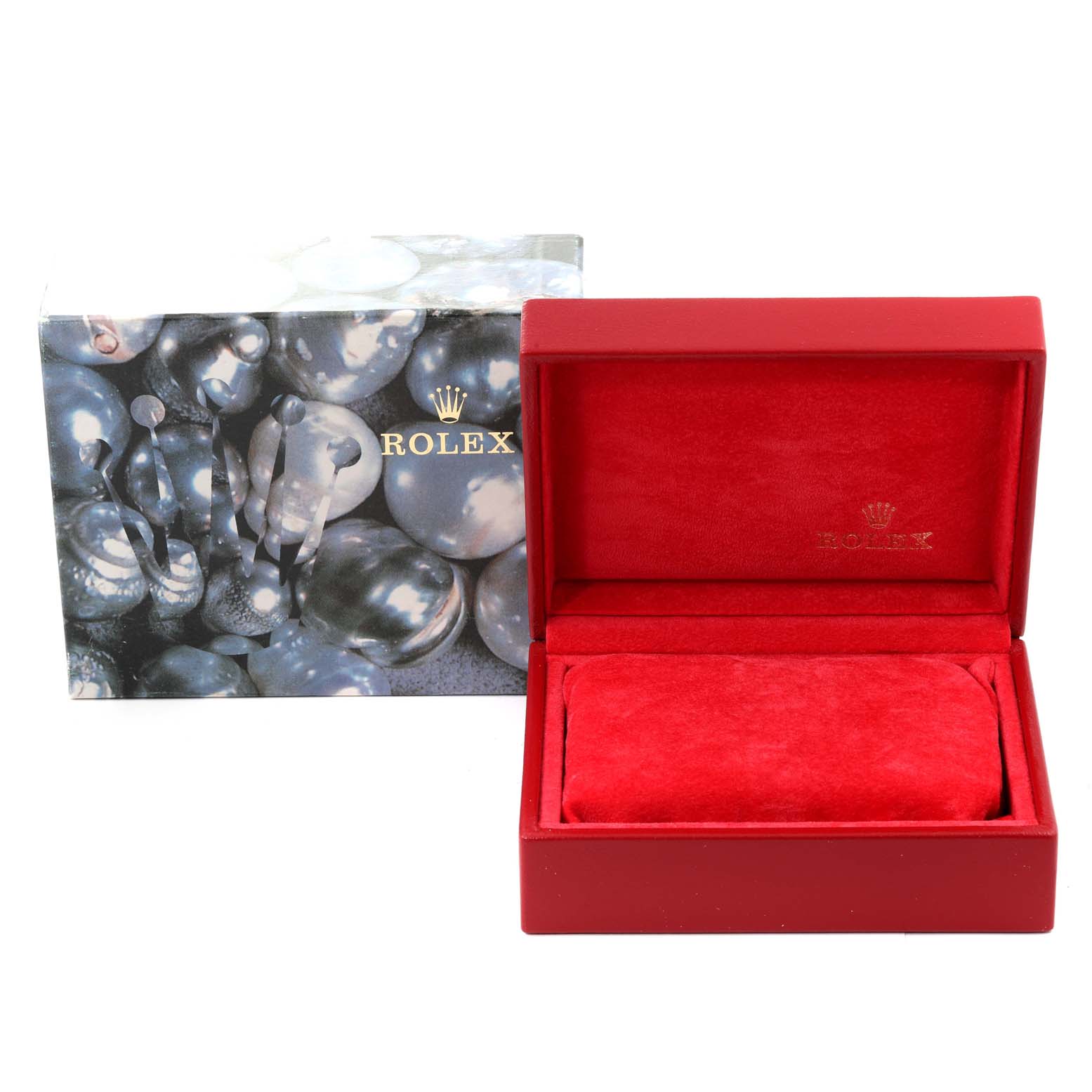 This image shows a Rolex Datejust 79173 Women's Steel and Gold (two tone) Silver Dial 79173 Women's Steel and Gold (two tone) Silver Dial watch's packaging, including a decorative outer box and a red inner presentation box.