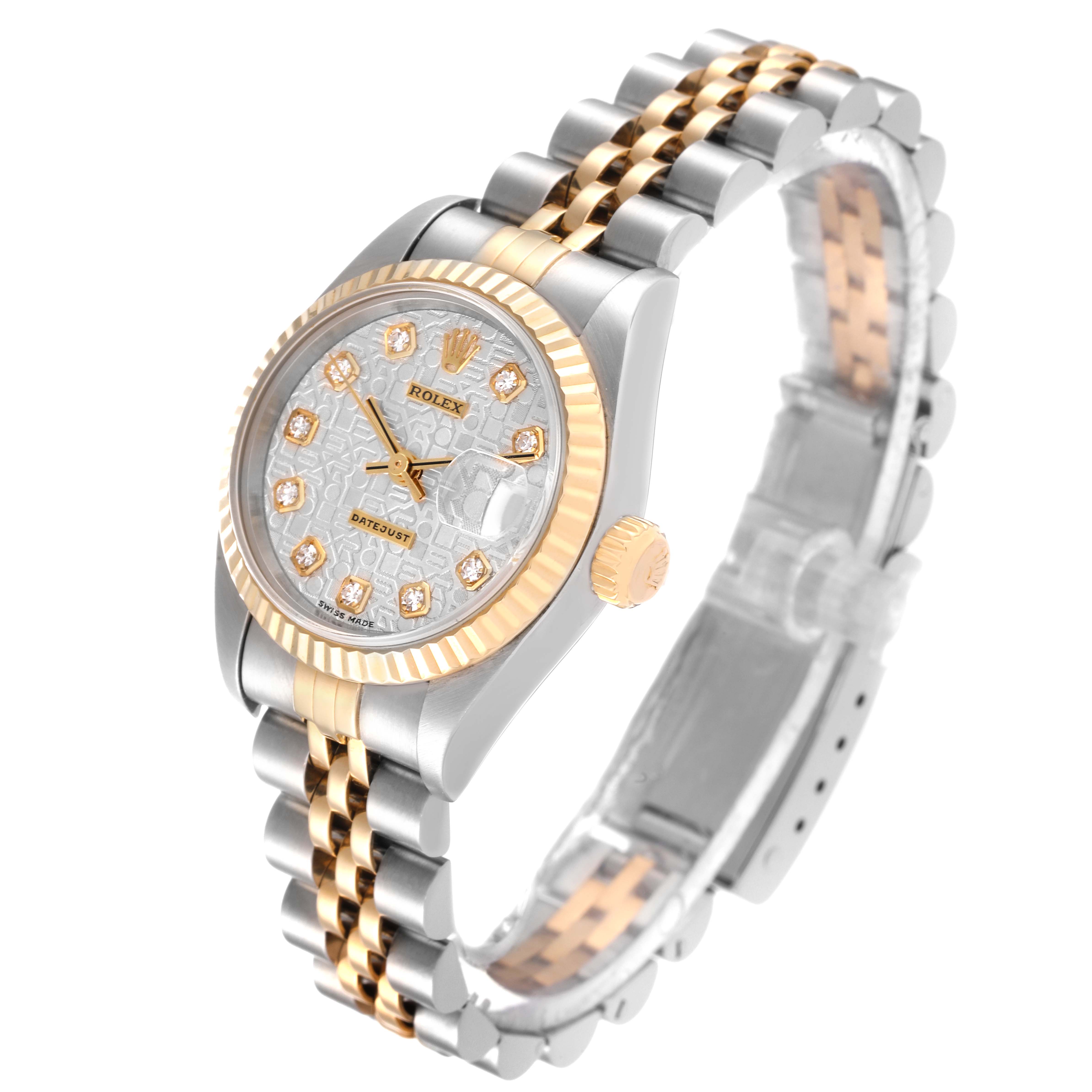 The image shows a diagonal view of a Rolex Datejust 79173 Women's Steel and Gold (two tone) Silver Dial 79173 Women's Steel and Gold (two tone) Silver Dial watch, highlighting its dual-tone band, bezel, and dial with diamond markers.