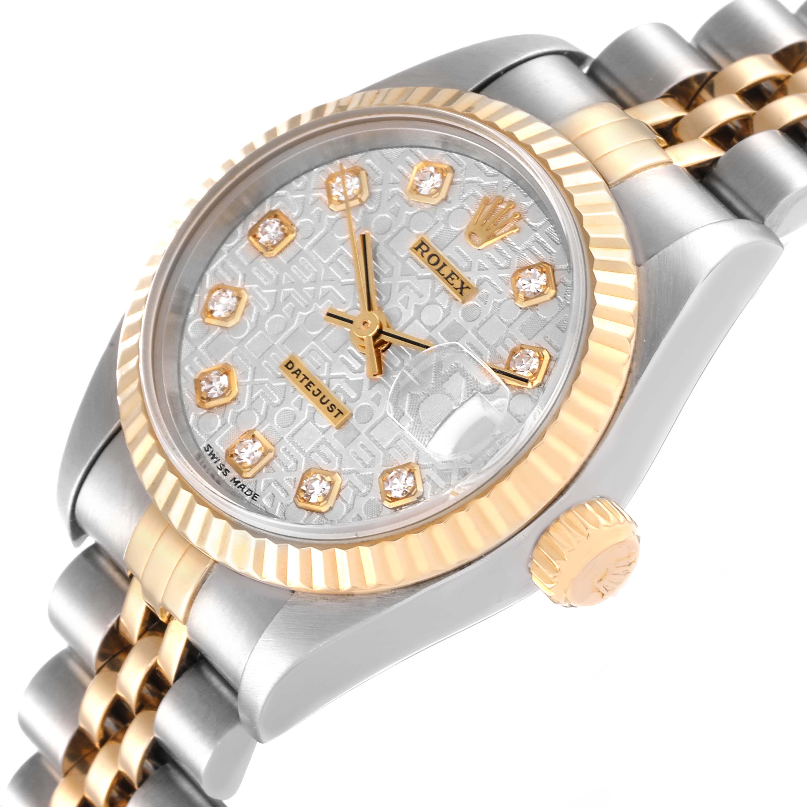 The image shows a close-up of the Rolex Datejust 79173 Women's Steel and Gold (two tone) Silver Dial 79173 Women's Steel and Gold (two tone) Silver Dial watch face, bezel, crown, and part of the bracelet at an angled view.