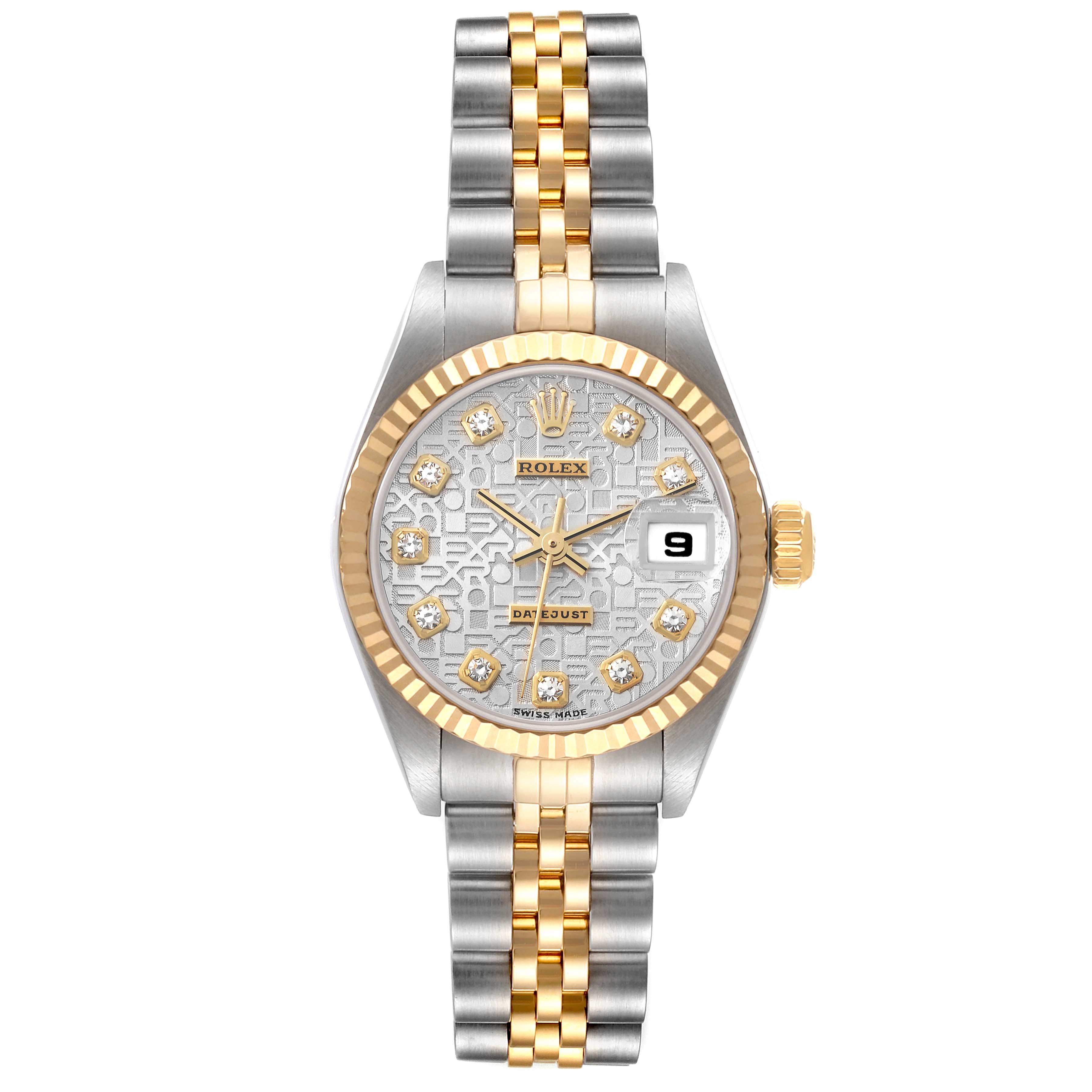 The image shows a Rolex Datejust 79173 Women's Steel and Gold (two tone) Silver Dial 79173 Women's Steel and Gold (two tone) Silver Dial watch with a two-tone bracelet, gold bezel, and diamond hour markers, viewed from the front.