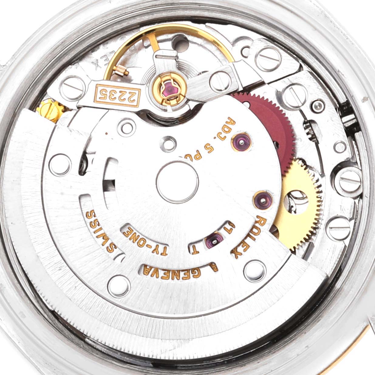 This is an angled view of the Rolex Datejust 79173 Women's Steel and Gold (two tone) Silver Dial 79173 Women's Steel and Gold (two tone) Silver Dial watch's internal mechanism, showcasing the movement components.