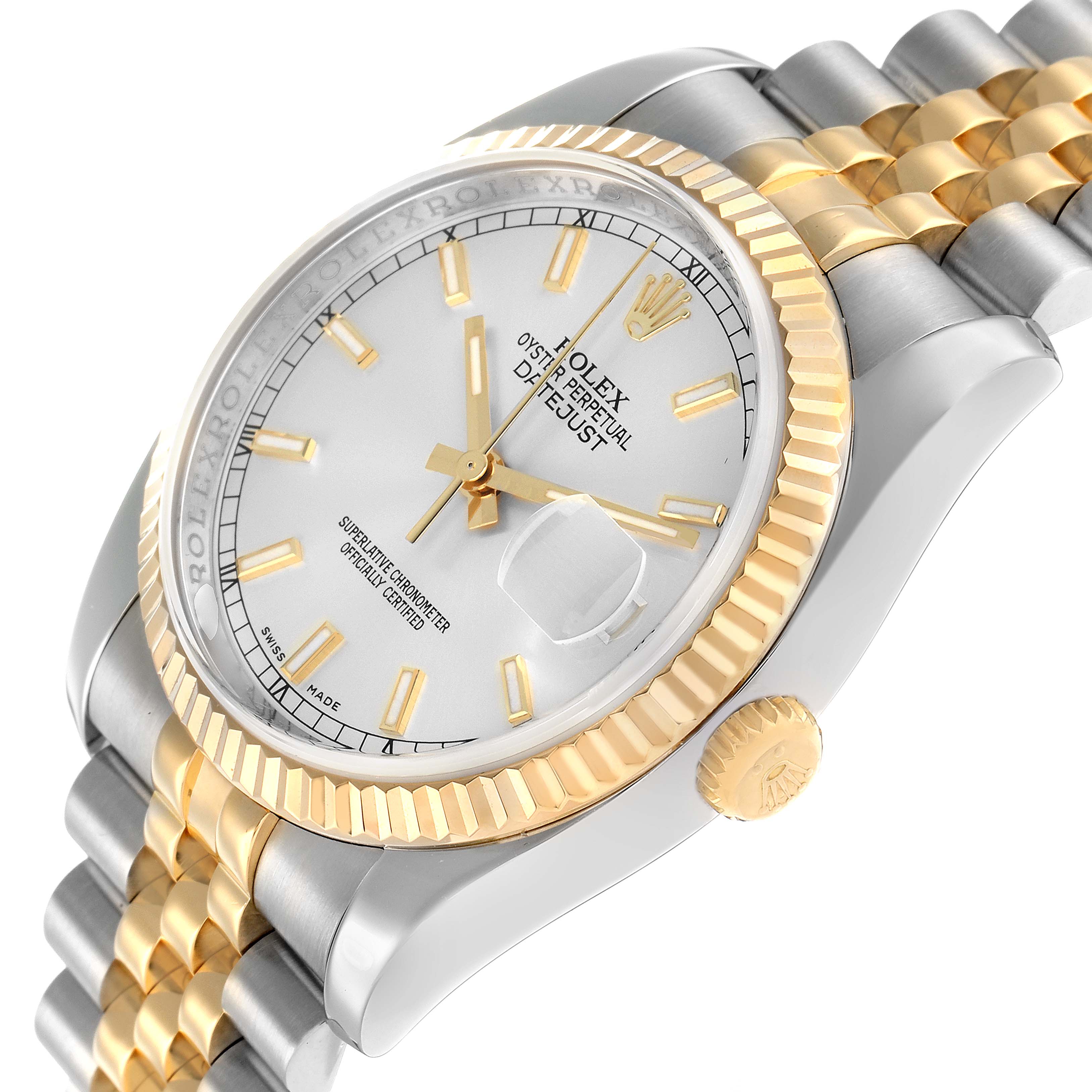 The Rolex Datejust 116233 Men
s Steel and Gold (two tone) Silver Dial watch is shown at a slight angled side view, highlighting the gold fluted bezel, crown, and two-tone bracelet.