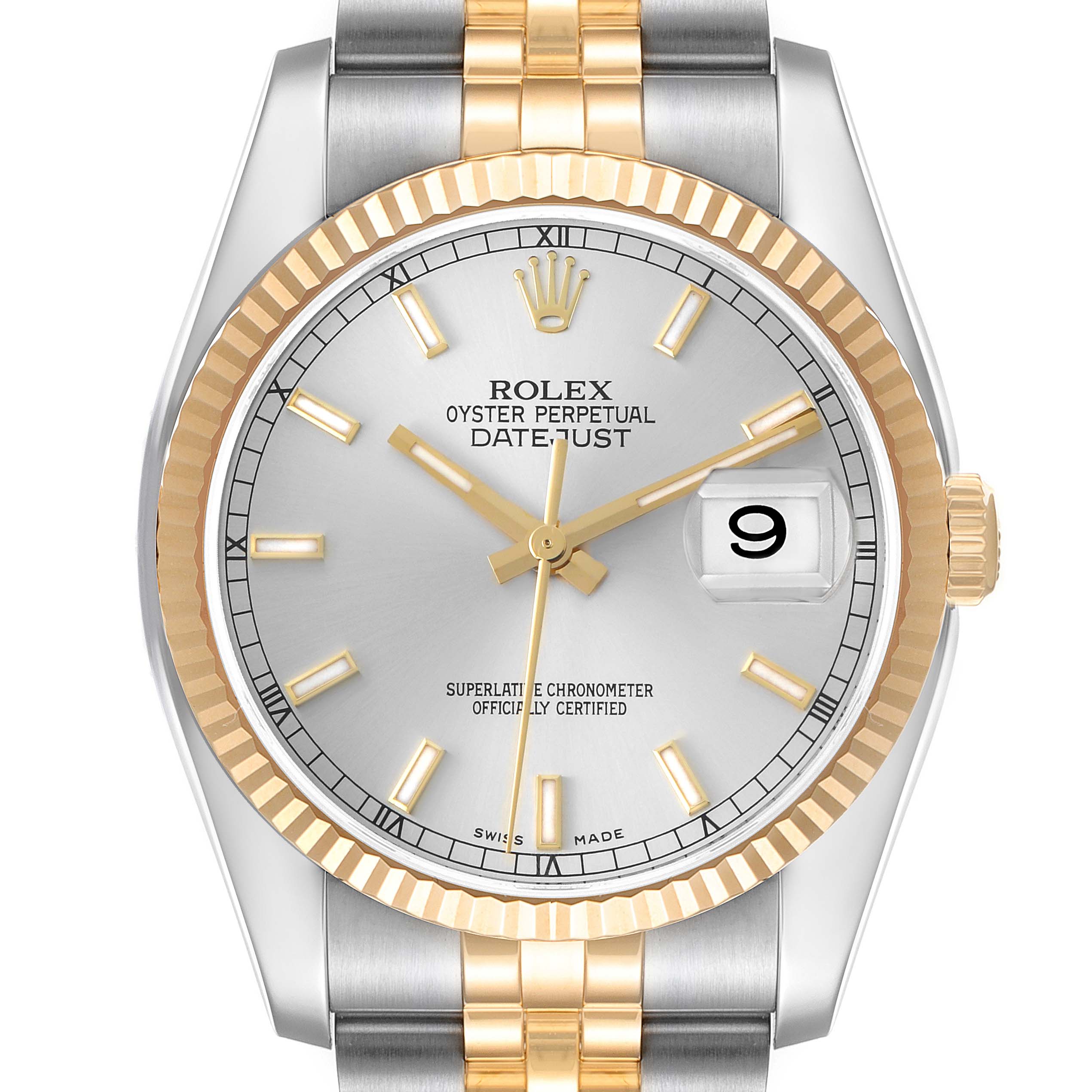 The Rolex Datejust 116233 Men
s Steel and Gold (two tone) Silver Dial watch is shown from the front, highlighting the dial, bezel, and part of the bracelet.