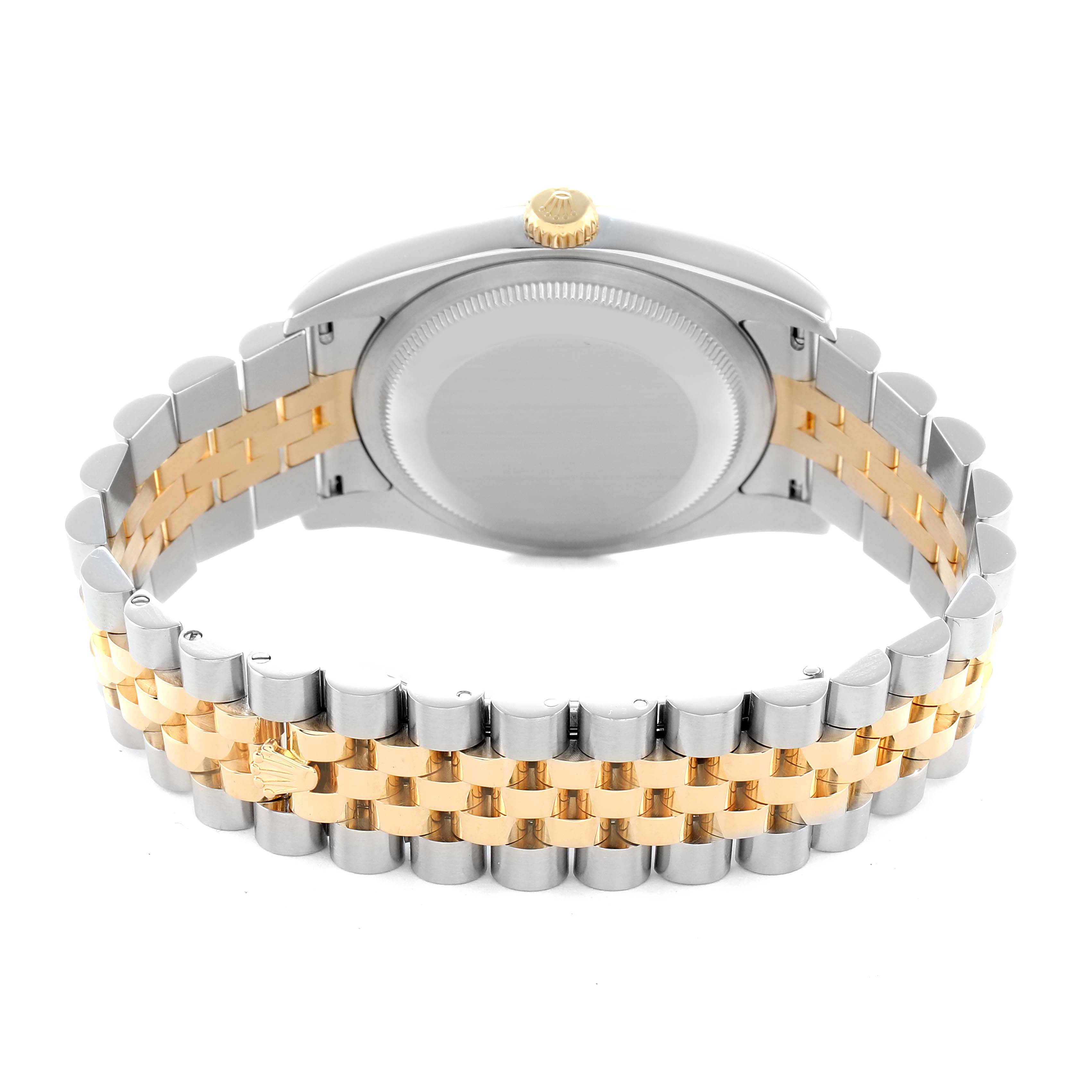The image shows the back of a Rolex Datejust 116233 Men
s Steel and Gold (two tone) Silver Dial watch, highlighting the gold and silver Jubilee bracelet and the case back.