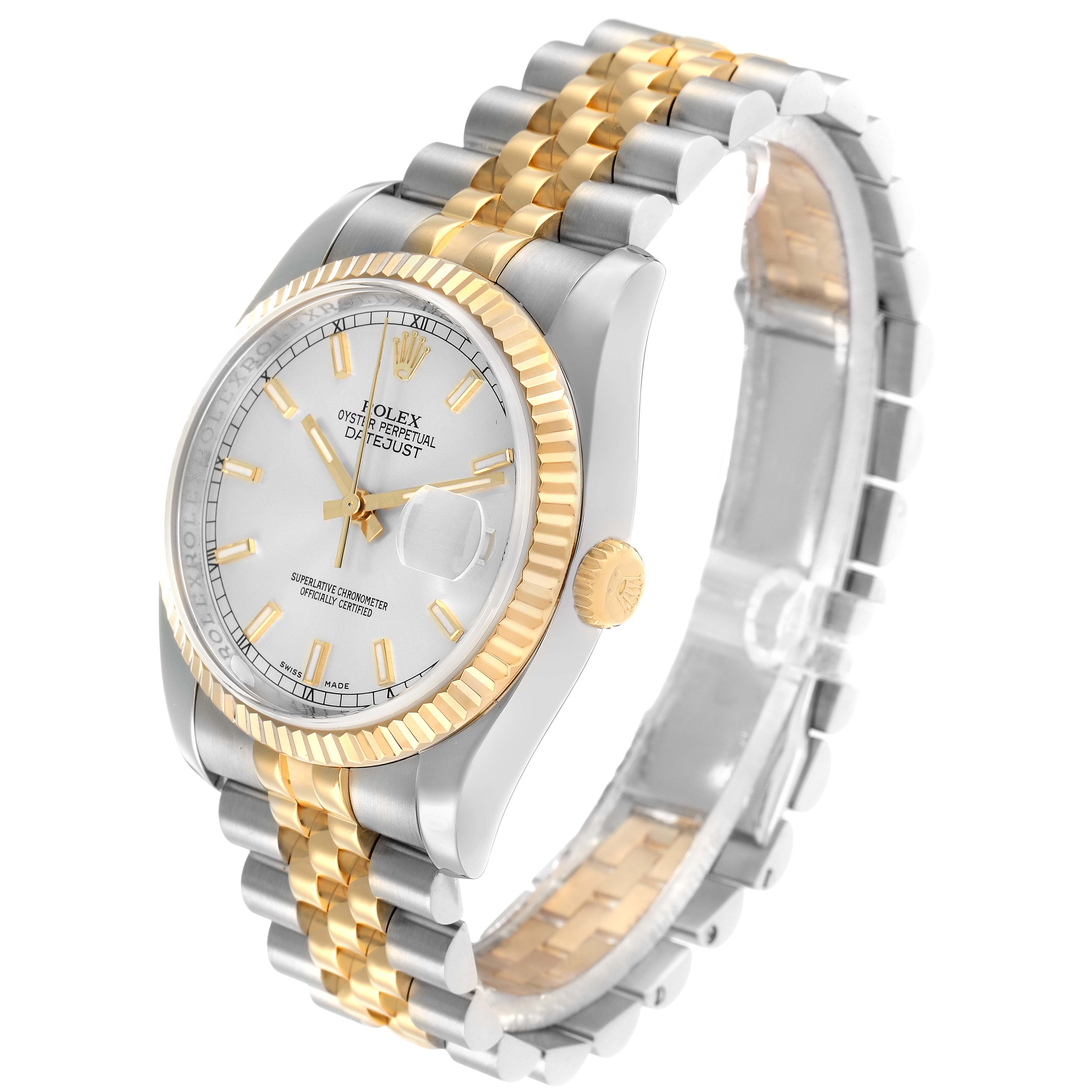 This Rolex Datejust 116233 Men
s Steel and Gold (two tone) Silver Dial watch is shown at an angled view highlighting the gold fluted bezel, crown, and two-tone jubilee bracelet.