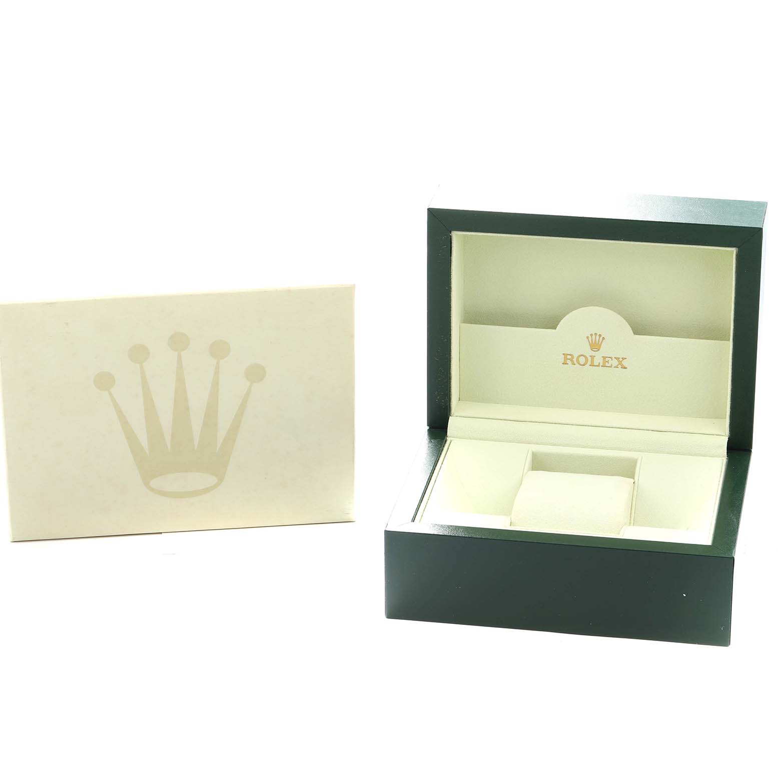 The image shows the packaging and open box for a Rolex Datejust 116233 Men
s Steel and Gold (two tone) Silver Dial, showcasing the brand
s iconic logo and interior compartments.