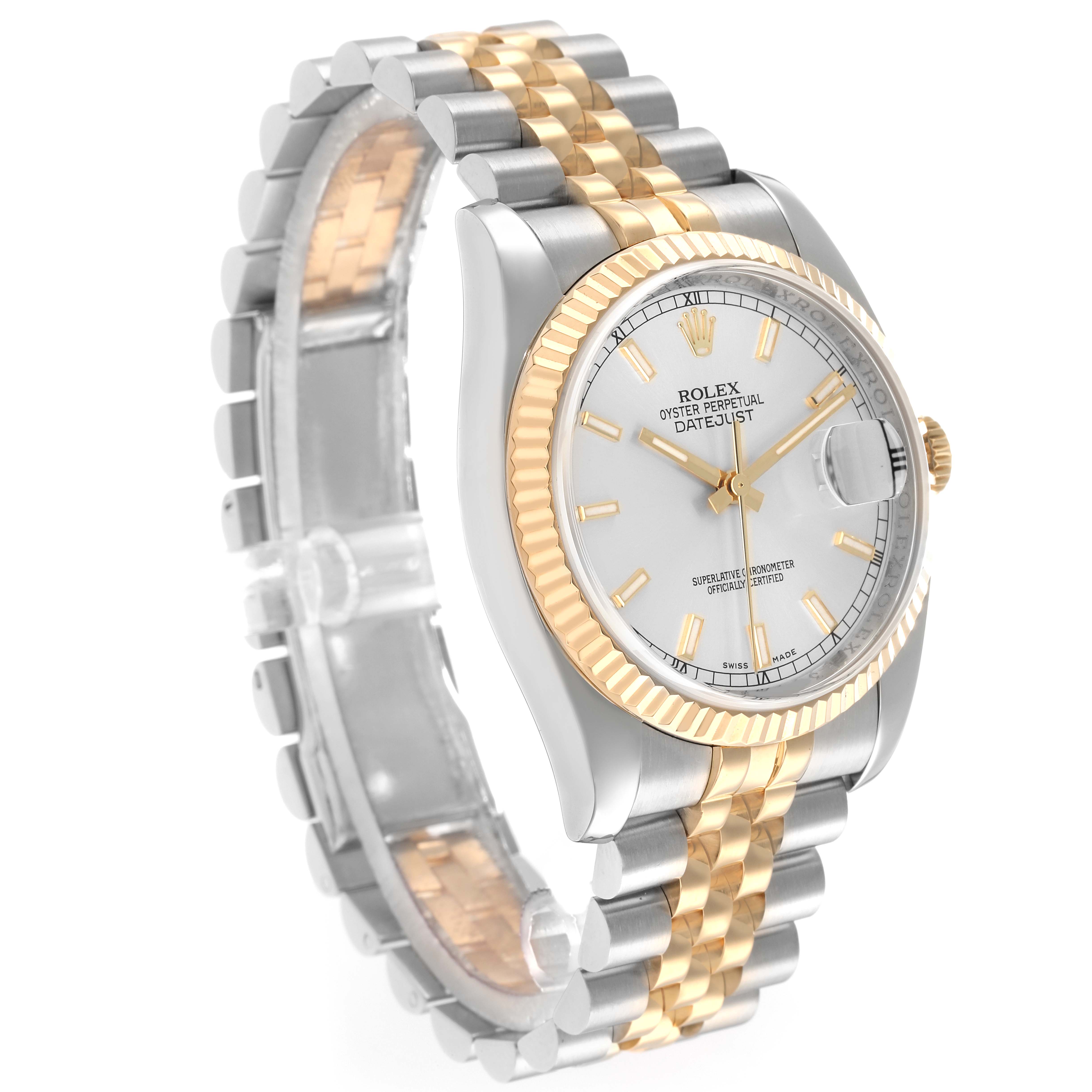 The Rolex Datejust 116233 Men
s Steel and Gold (two tone) Silver Dial watch is shown at a three-quarter angle, displaying its face, bezel, case, and bracelet.