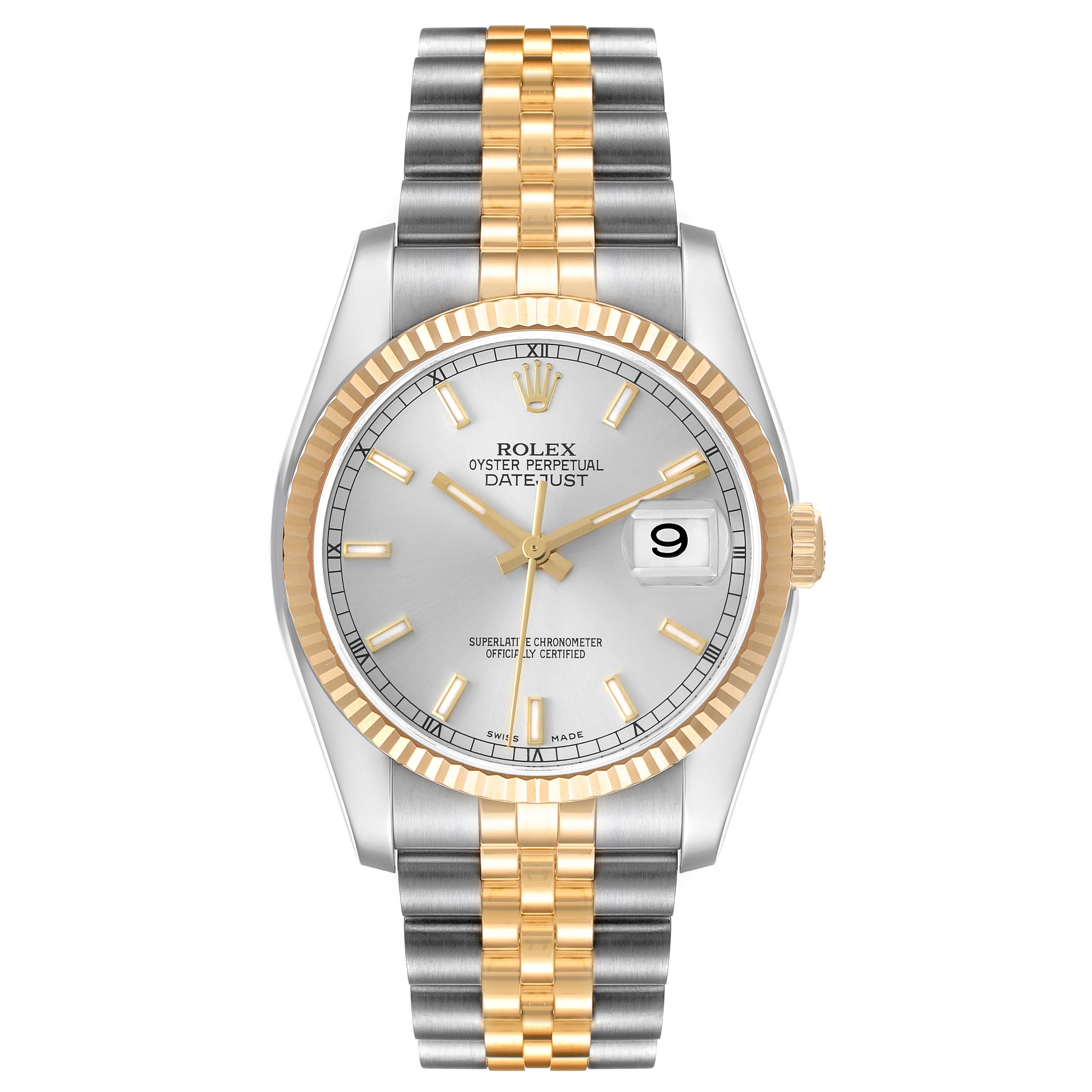 The Rolex Datejust 116233 Men
s Steel and Gold (two tone) Silver Dial watch is shown from a front angle, highlighting its dial, bezel, crown, and two-tone bracelet.