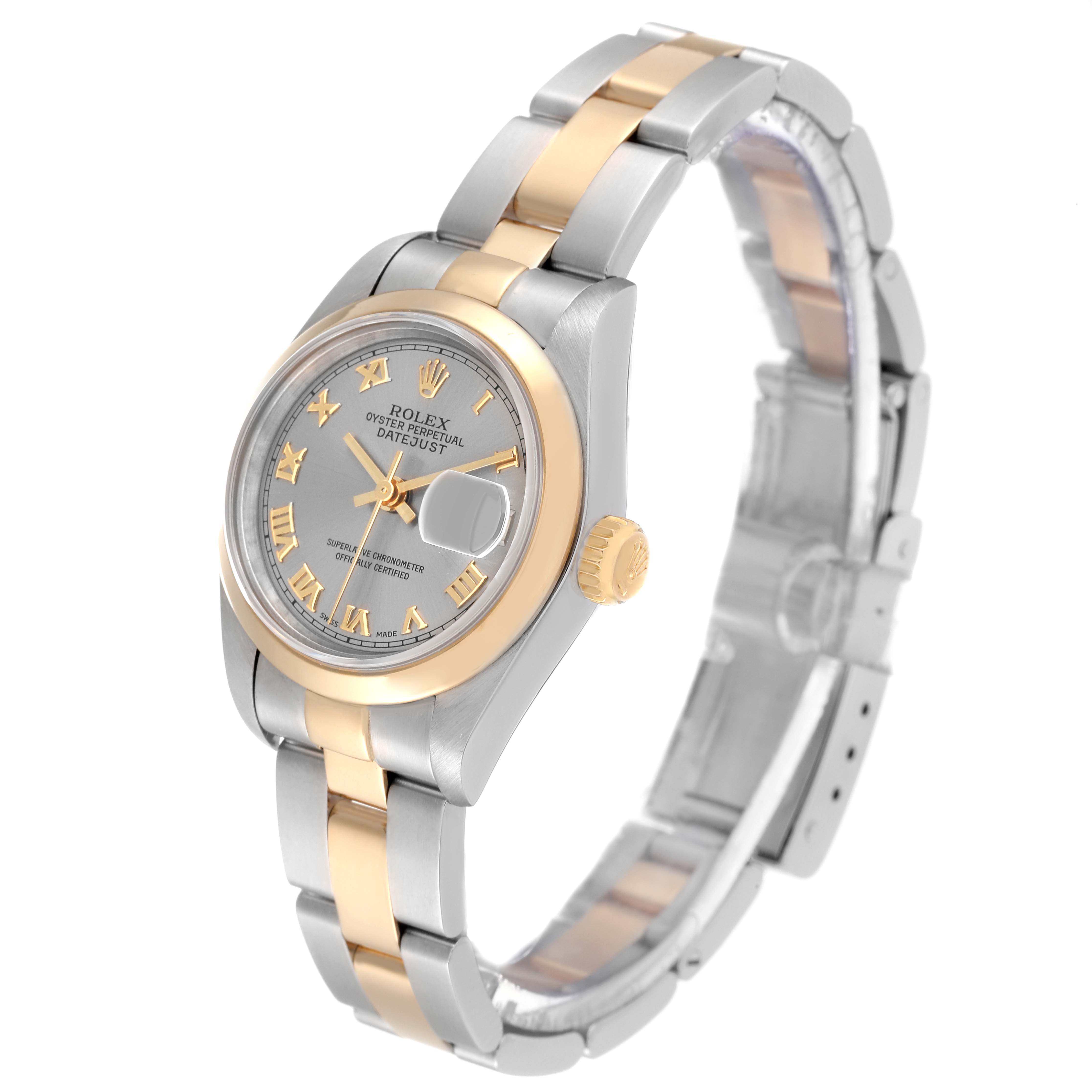 The Rolex Datejust 69163 Women's Steel and Gold (two tone) Grey Dial 69163 Women's Steel and Gold (two tone) Grey Dial watch is shown at a slight side angle, displaying the dial, bezel, crown, and two-tone bracelet.