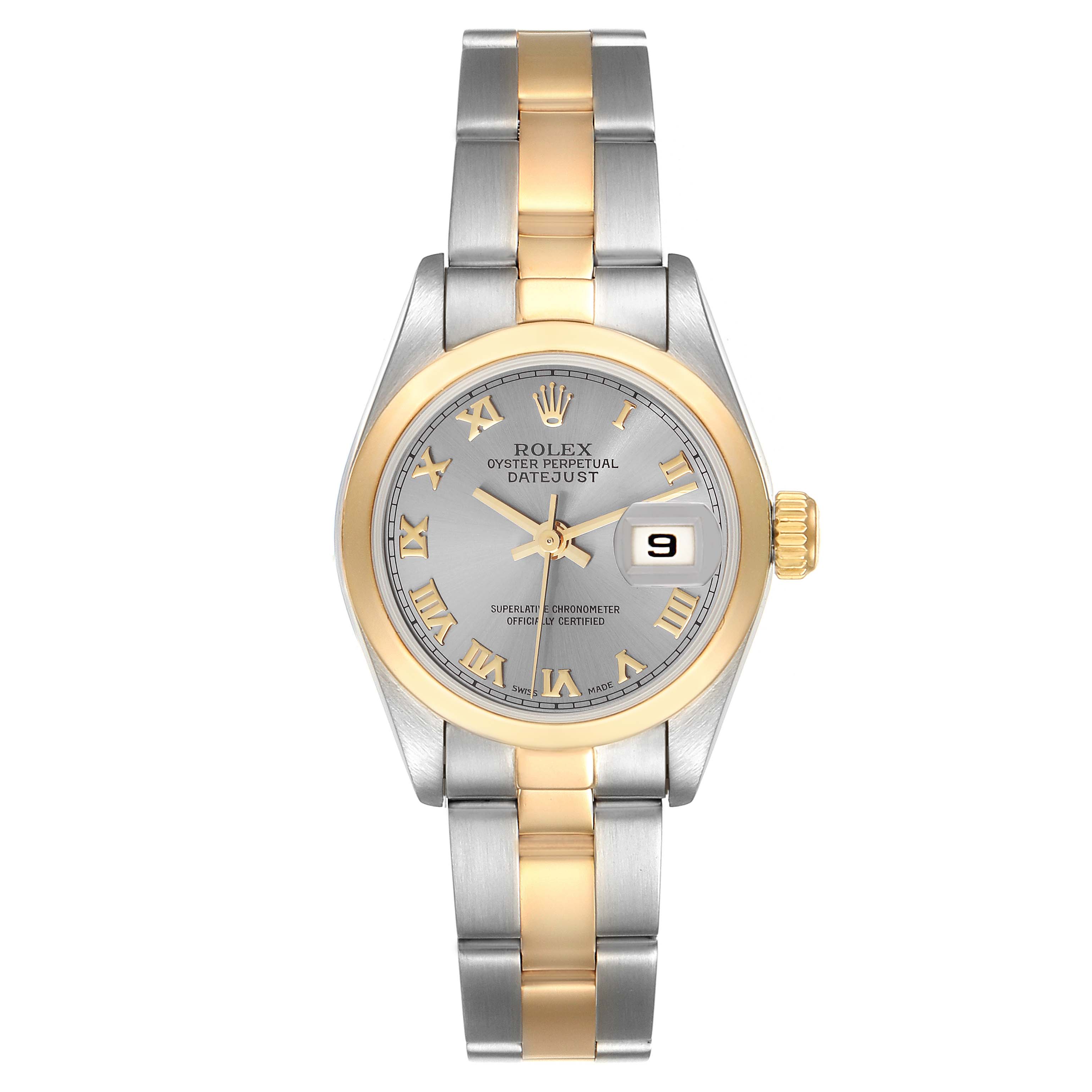 This is a front view of a Rolex Datejust 69163 Women's Steel and Gold (two tone) Grey Dial 69163 Women's Steel and Gold (two tone) Grey Dial watch showing the dial, bezel, crown, and a two-tone bracelet.