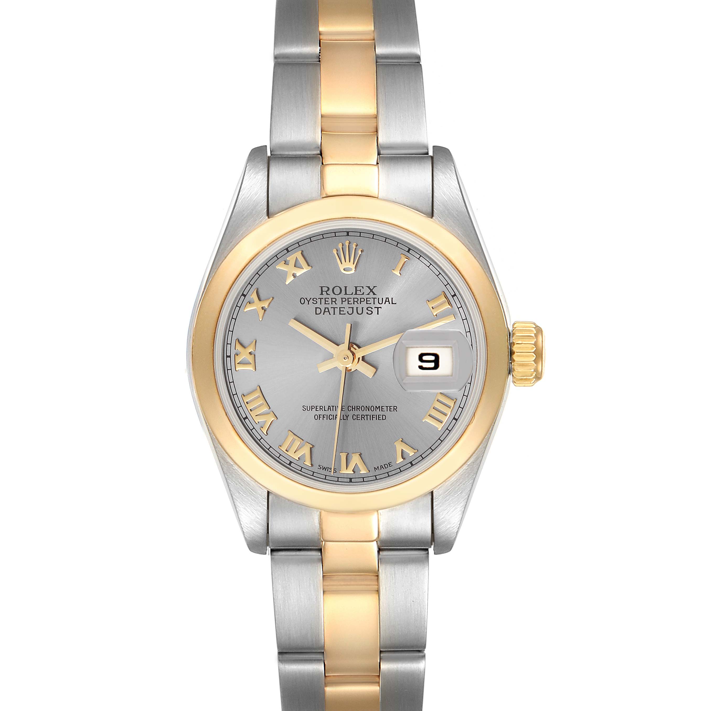 This image shows a front view of the Rolex Datejust 69163 Women's Steel and Gold (two tone) Grey Dial 69163 Women's Steel and Gold (two tone) Grey Dial watch displaying its face, bezel, and two-tone metal bracelet.