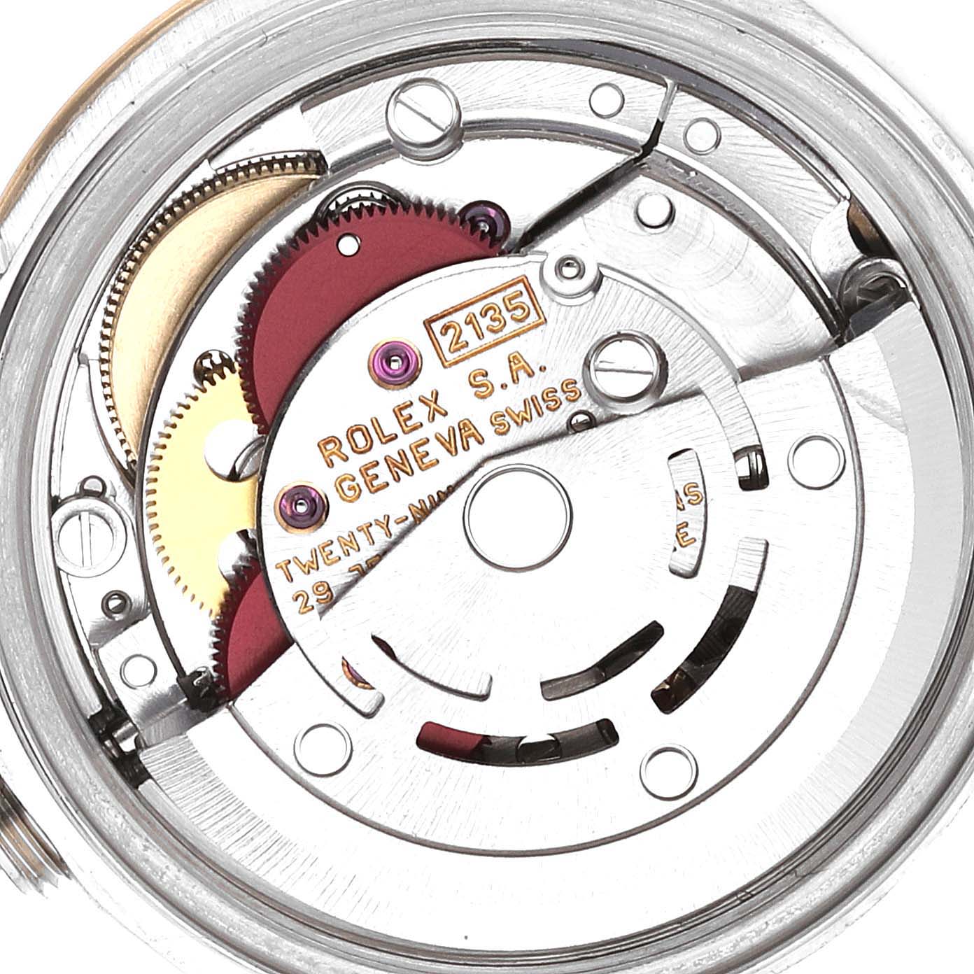 The image shows the internal mechanism and components of a Rolex Datejust 69163 Women's Steel and Gold (two tone) Grey Dial 69163 Women's Steel and Gold (two tone) Grey Dial watch, viewed from the case back.