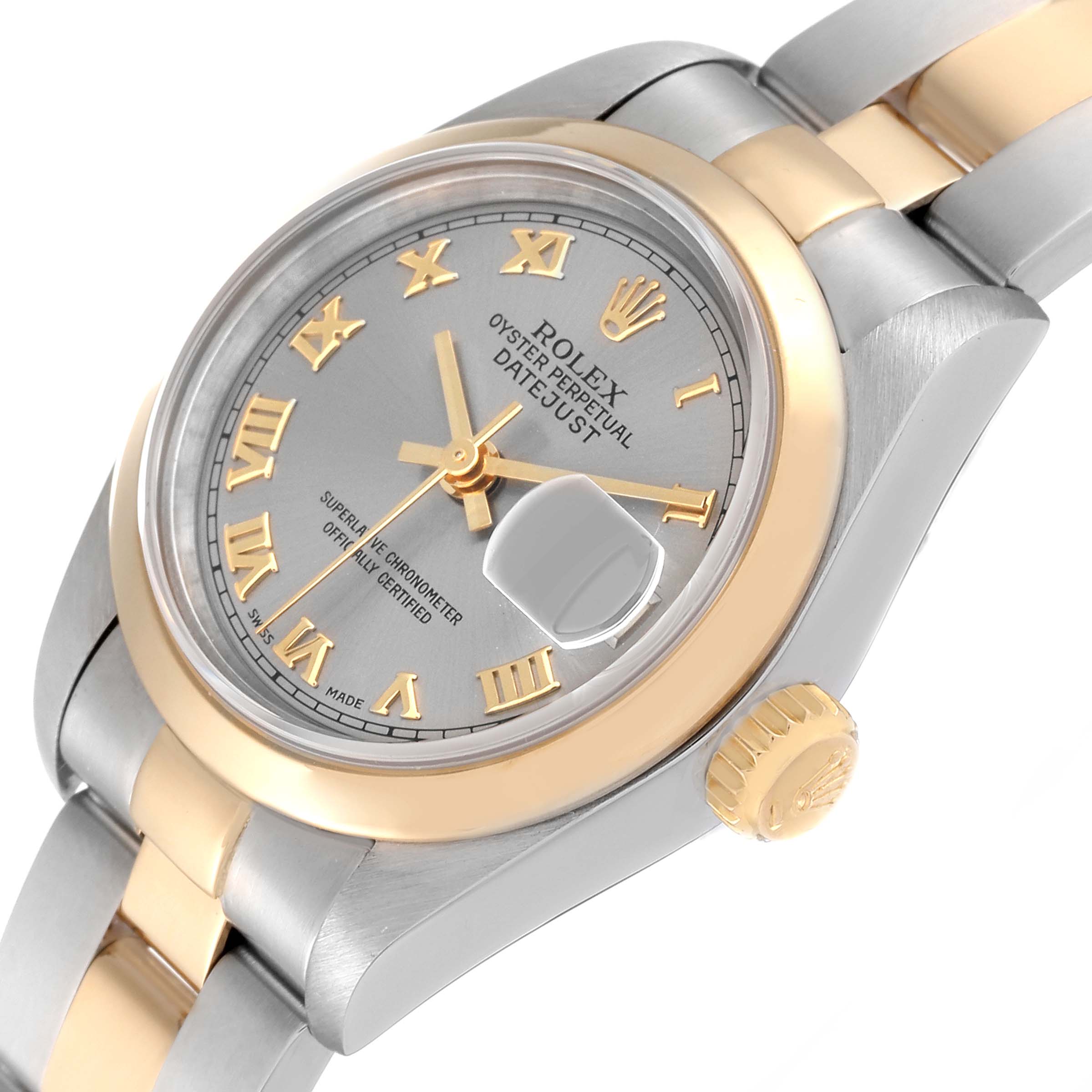 The image shows a Rolex Datejust 69163 Women's Steel and Gold (two tone) Grey Dial 69163 Women's Steel and Gold (two tone) Grey Dial watch from an angled view, displaying the dial, bezel, crown, and part of the bracelet.