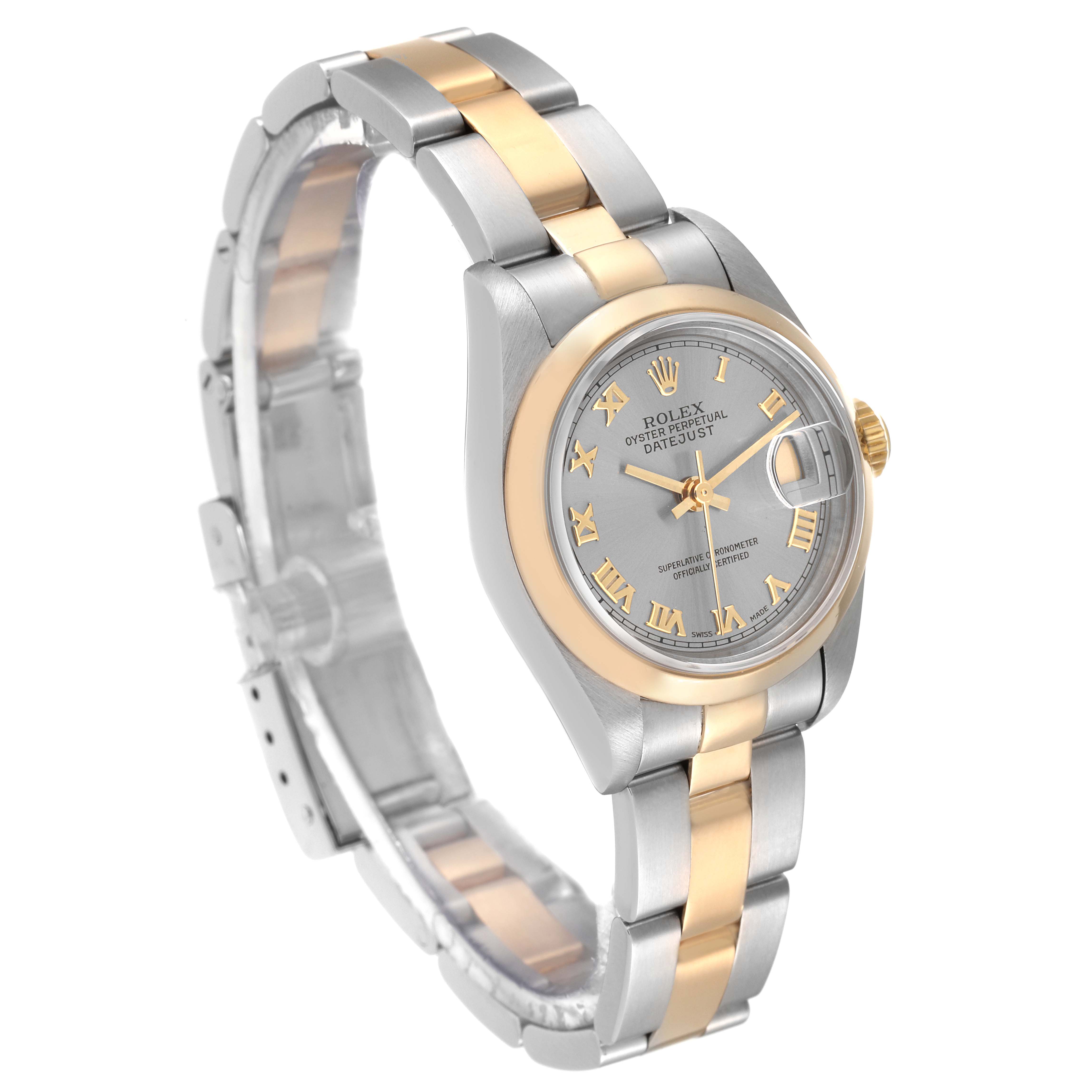 The Datejust Rolex watch is shown at a slight angle, highlighting the dial, bezel, crown, and two-tone metallic bracelet with gold accents.