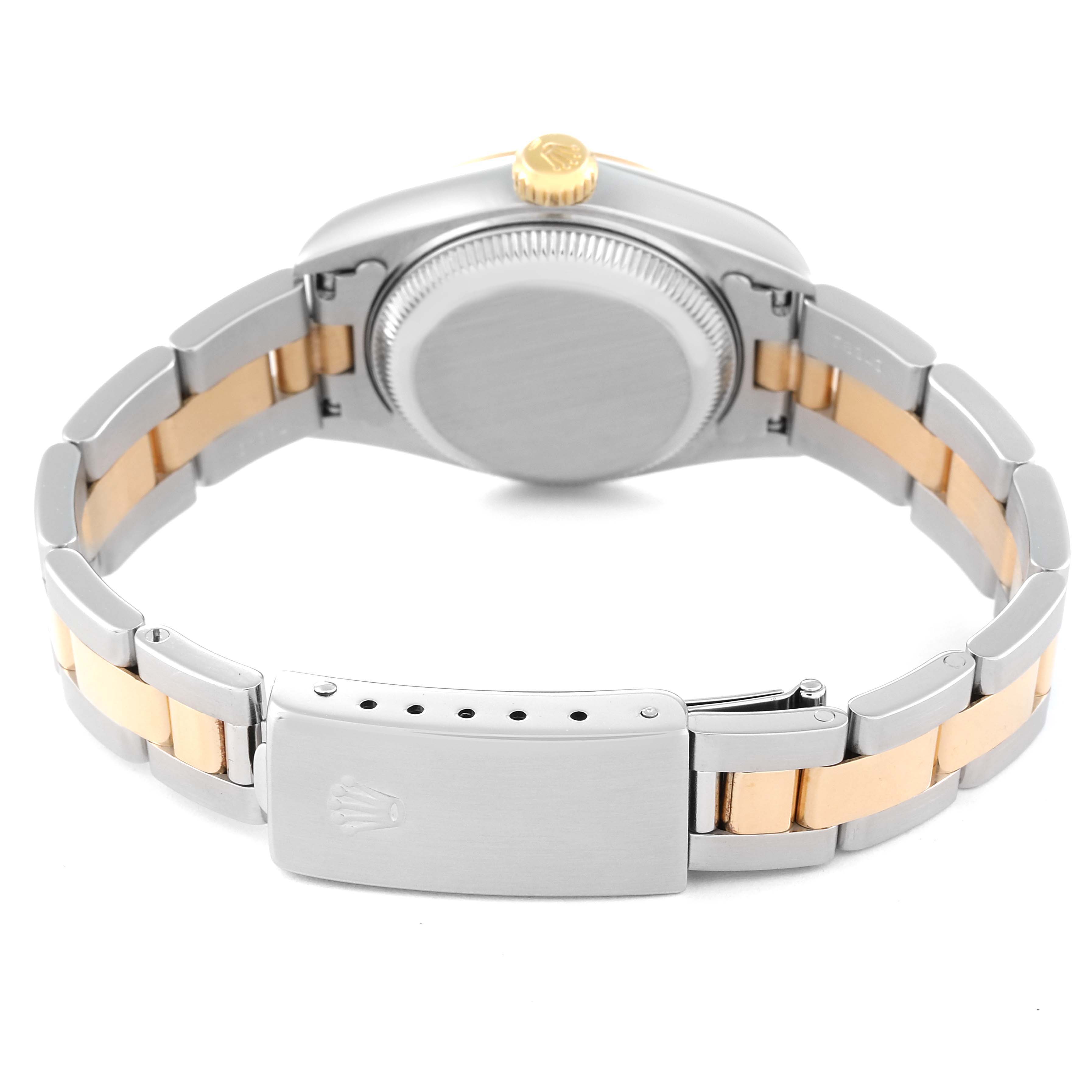 This image shows the back and bracelet of a Rolex Datejust 69163 Women's Steel and Gold (two tone) Grey Dial 69163 Women's Steel and Gold (two tone) Grey Dial watch, highlighting the clasp and crown.