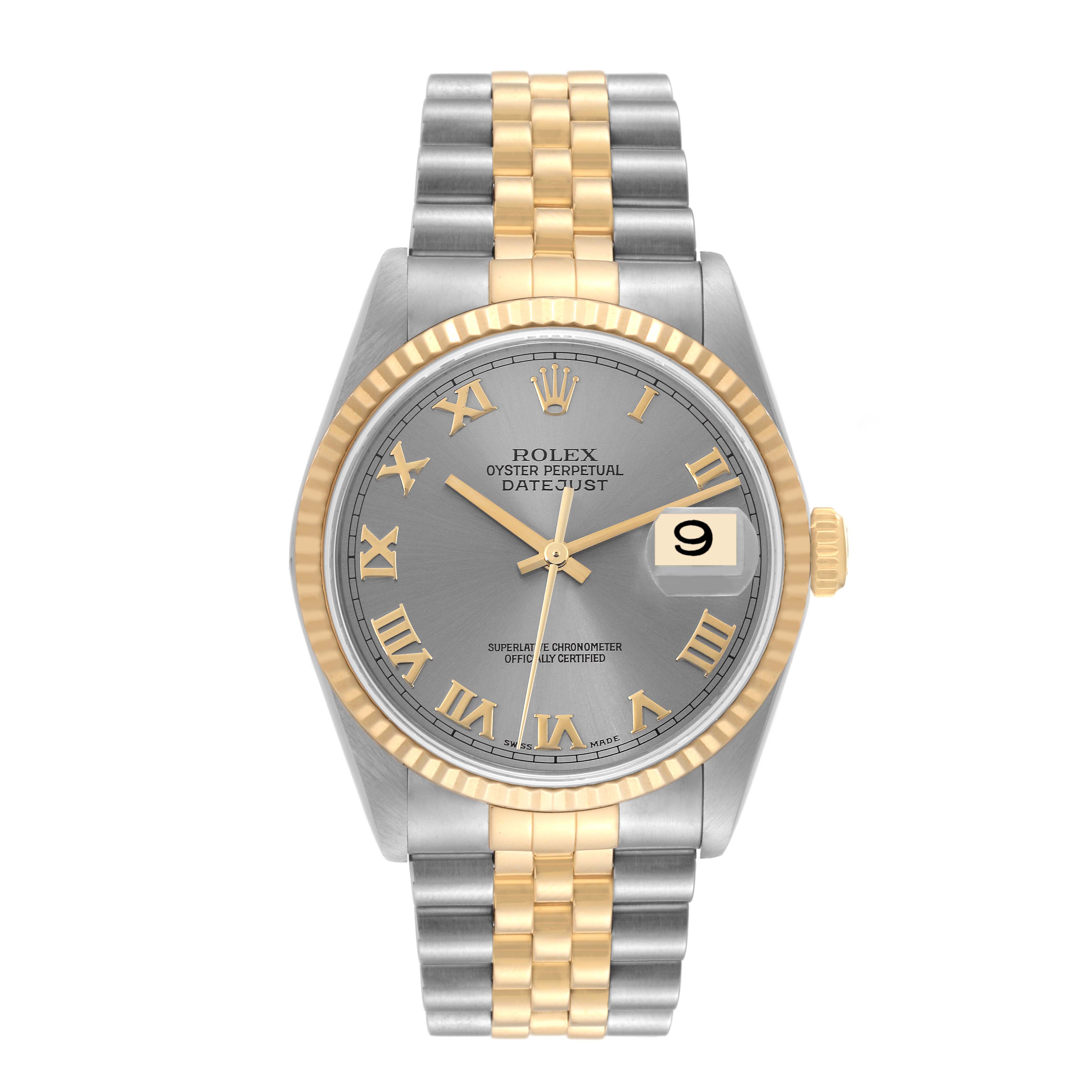 The Rolex Datejust 16233 Men's Steel and Gold (two tone) Grey Dial 16233 Men's Steel and Gold (two tone) Grey Dial watch is shown from a front angle, displaying the face, bezel, crown, and part of the bracelet.