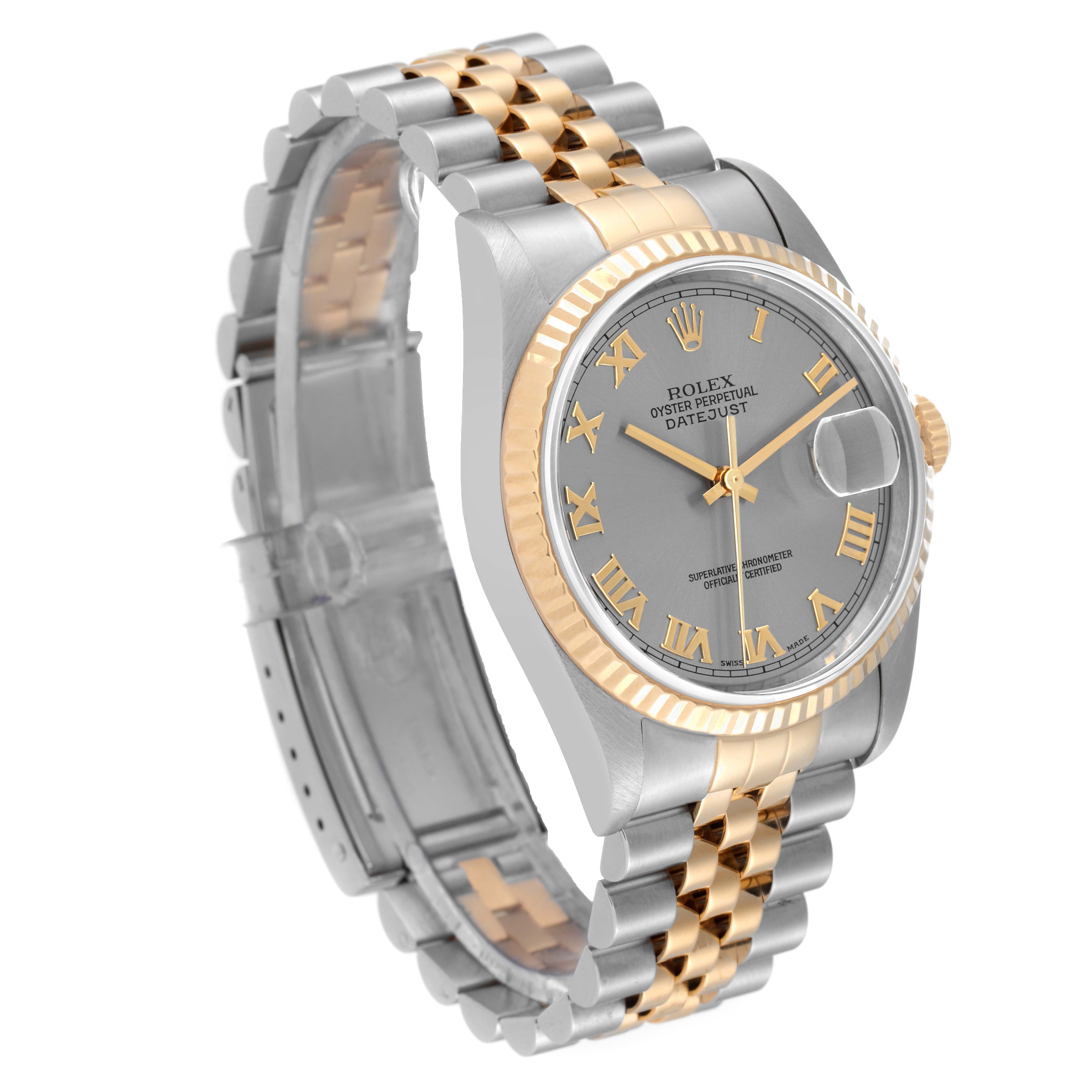 This image shows an angled view of a Rolex Datejust 16233 Men's Steel and Gold (two tone) Grey Dial 16233 Men's Steel and Gold (two tone) Grey Dial watch, highlighting its dial, bezel, and bracelet.