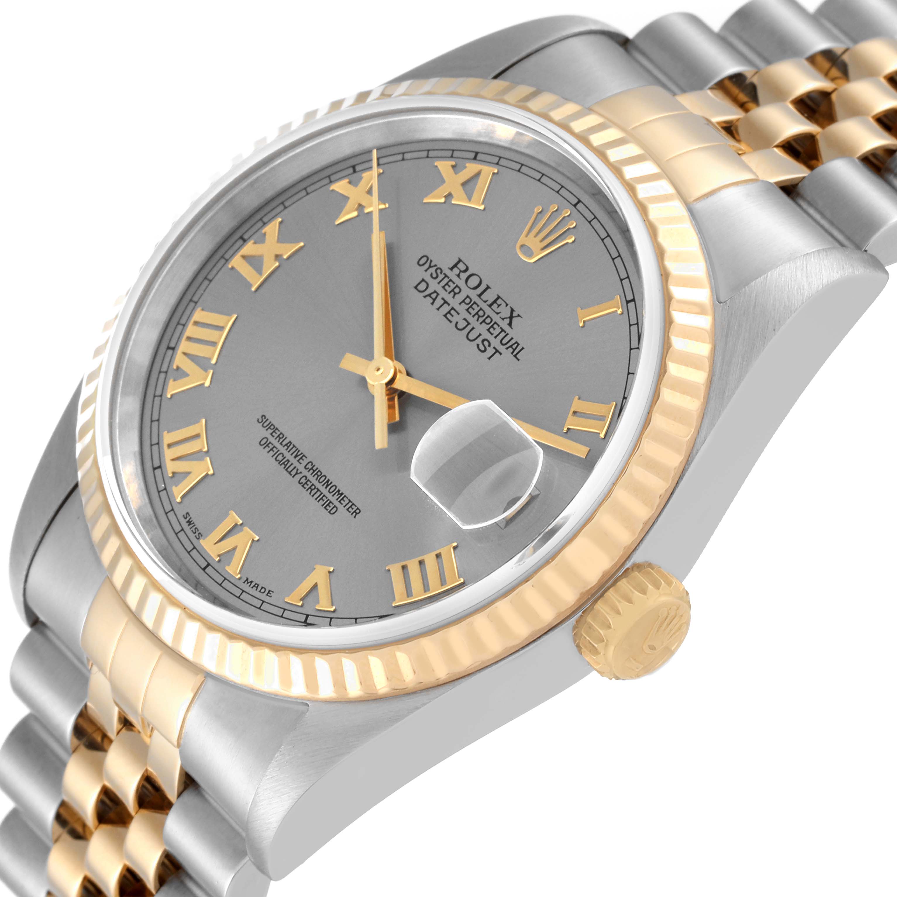 The image shows the Rolex Datejust 16233 Men's Steel and Gold (two tone) Grey Dial 16233 Men's Steel and Gold (two tone) Grey Dial watch at an angled close-up, highlighting its dial, bezel, crown, and part of the bracelet.