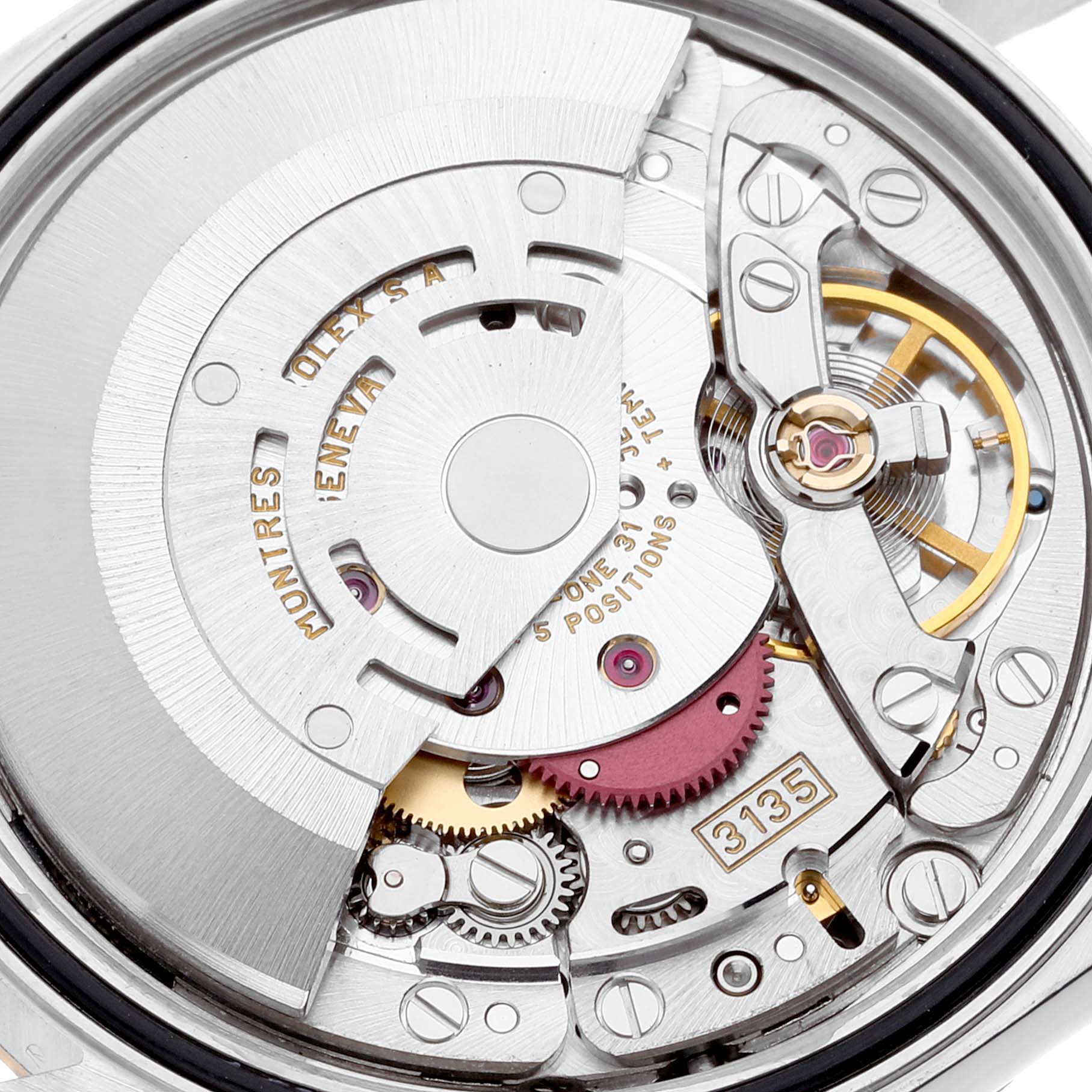 The image shows the intricate internal movement of a Rolex Datejust 16233 Men's Steel and Gold (two tone) Grey Dial 16233 Men's Steel and Gold (two tone) Grey Dial watch from a top-down angle.