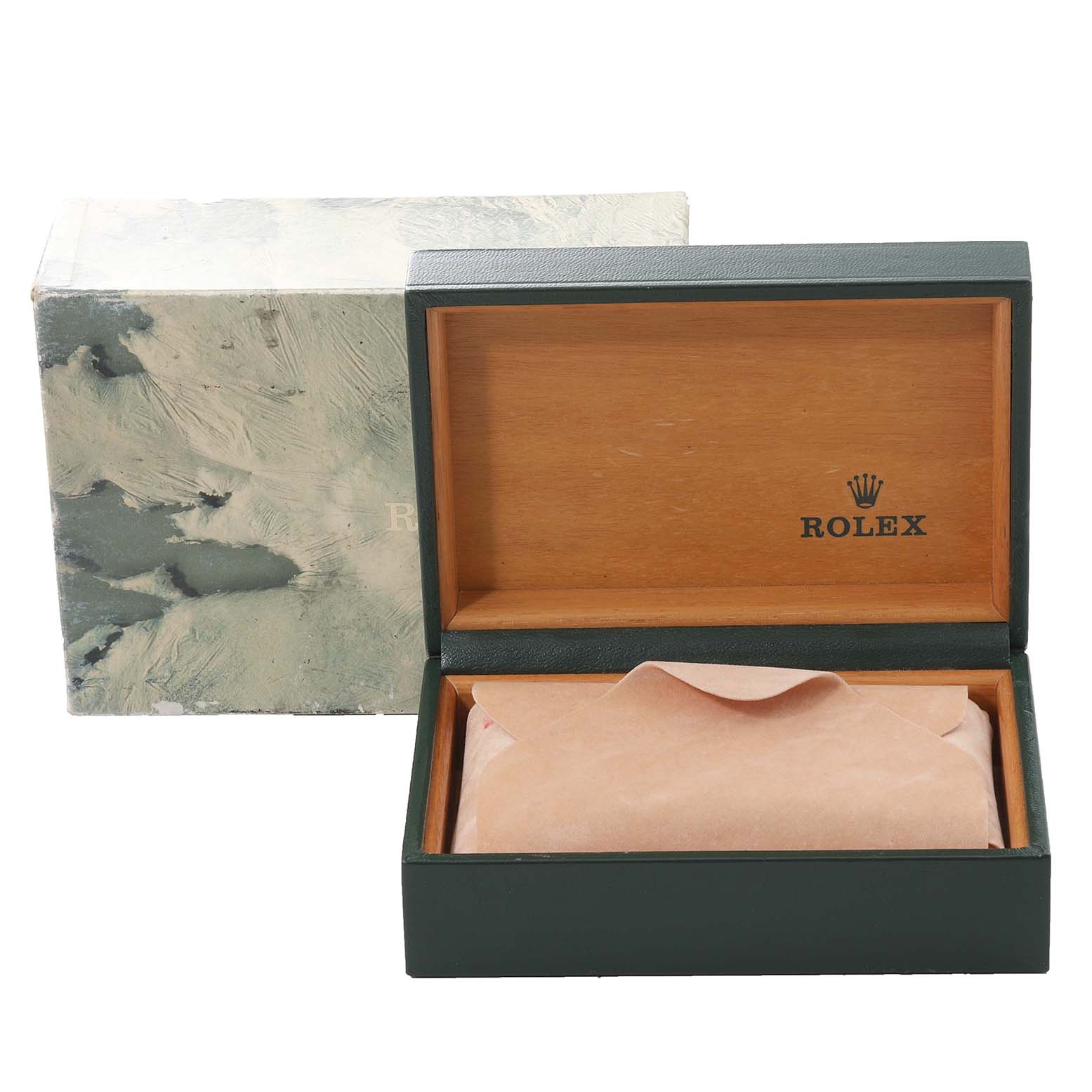 The image shows an open Rolex Datejust 16233 Men's Steel and Gold (two tone) Grey Dial 16233 Men's Steel and Gold (two tone) Grey Dial watch box and outer packaging from a top-down angle.