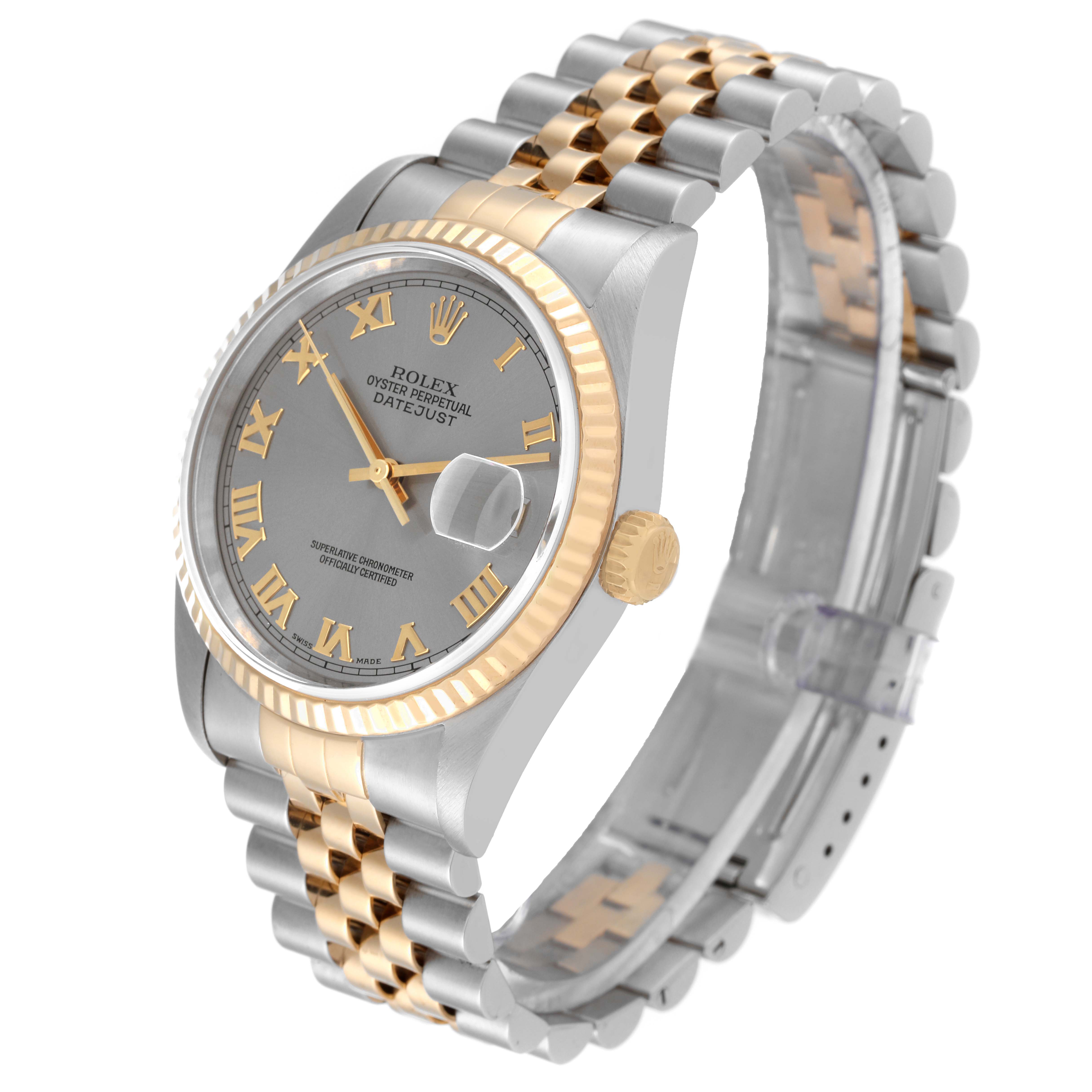 The Rolex Datejust 16233 Men's Steel and Gold (two tone) Grey Dial 16233 Men's Steel and Gold (two tone) Grey Dial model is pictured at a three-quarter angle showing the face, bezel, crown, and bracelet.