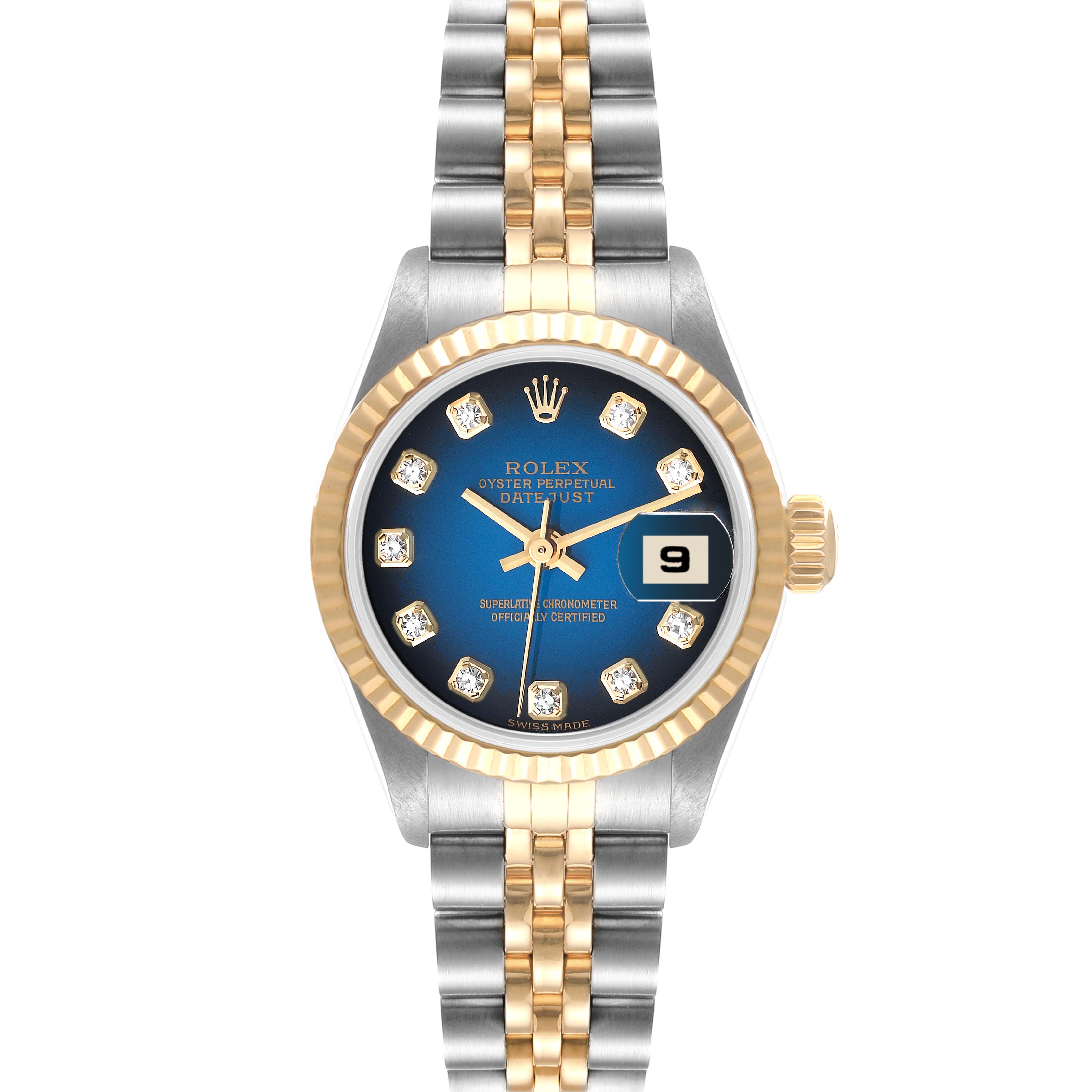 The Rolex Datejust 79173 Women's Steel and Gold (two tone) Blue Dial 79173 Women's Steel and Gold (two tone) Blue Dial watch is shown from a top-down angle, highlighting its two-tone bracelet, blue dial, and date window.