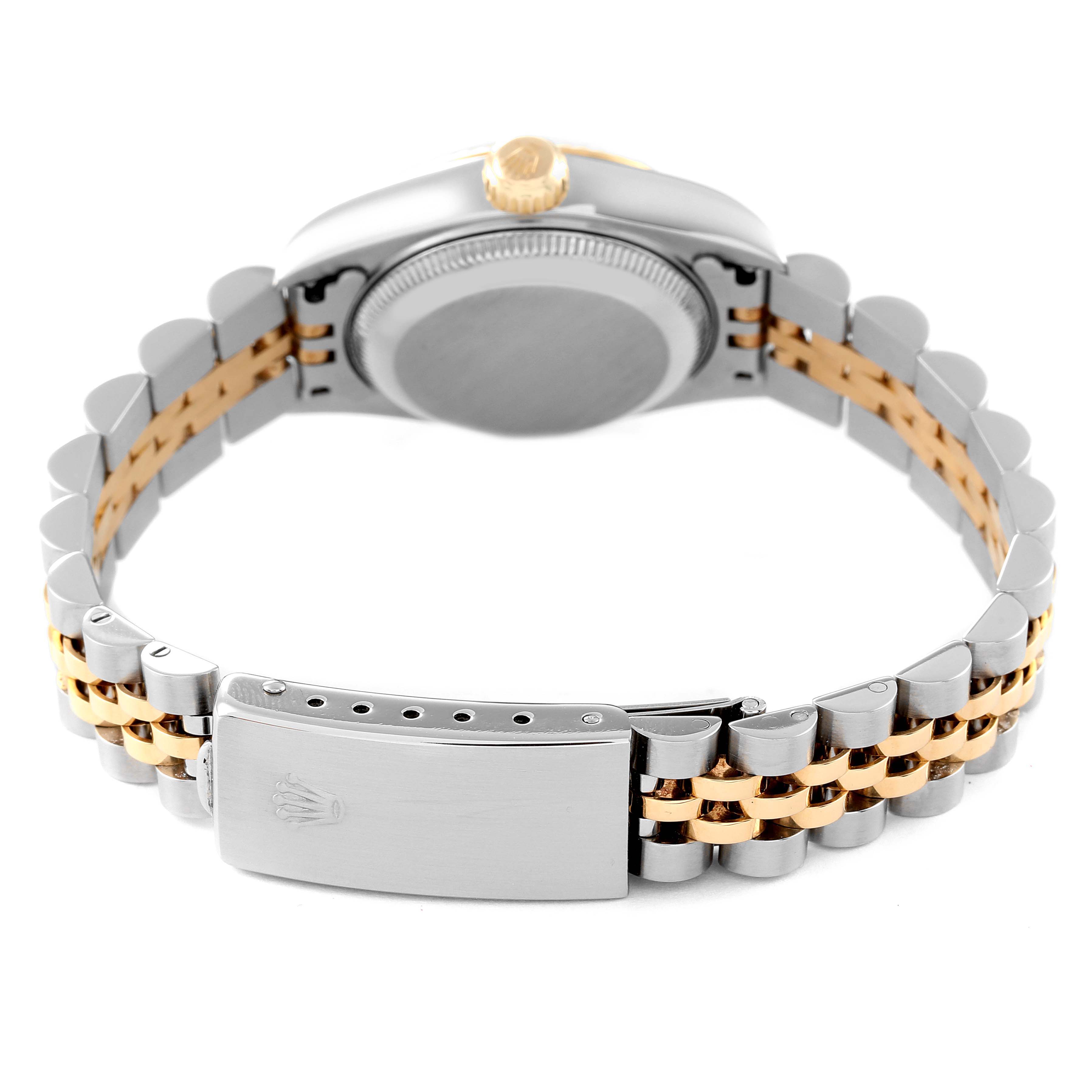 The image shows the back case and bracelet of a Rolex Datejust 79173 Women's Steel and Gold (two tone) Blue Dial 79173 Women's Steel and Gold (two tone) Blue Dial watch from a rear angle.