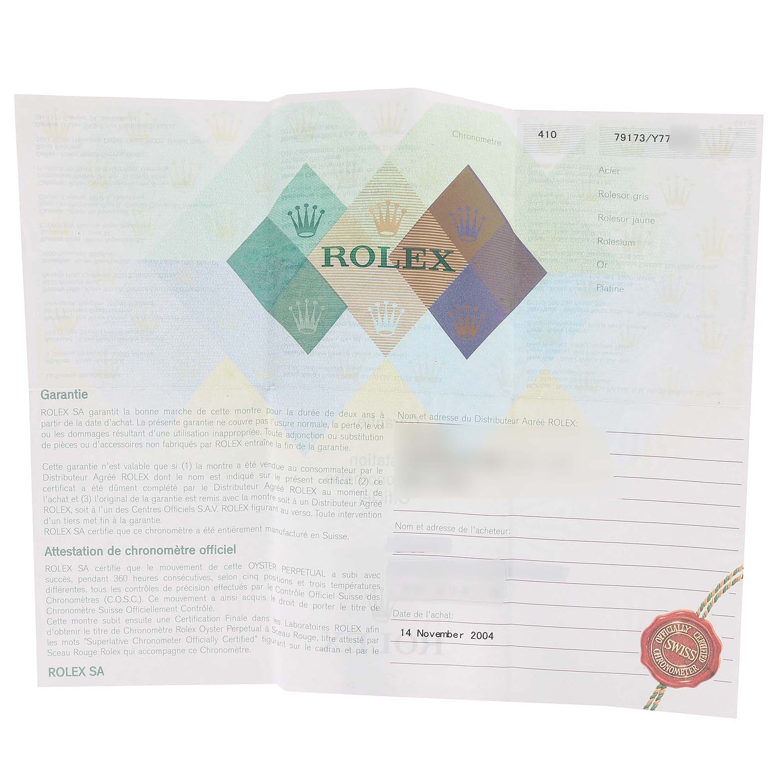 This image shows a warranty certificate for a Rolex Datejust 79173 Women's Steel and Gold (two tone) Blue Dial 79173 Women's Steel and Gold (two tone) Blue Dial watch, including the brand logo and purchase details.