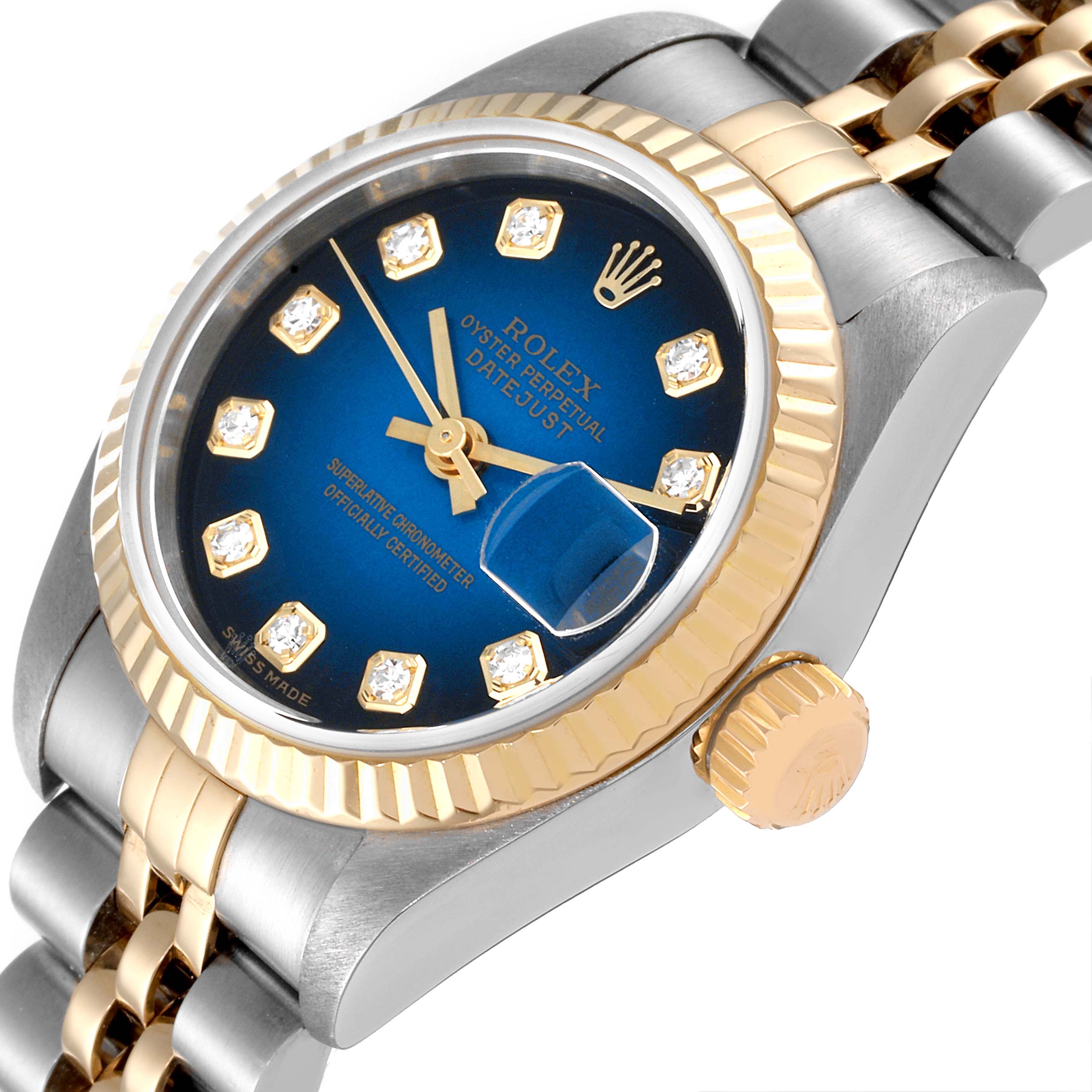 The Rolex Datejust 79173 Women's Steel and Gold (two tone) Blue Dial 79173 Women's Steel and Gold (two tone) Blue Dial watch is shown at an angle displaying the dial, bezel, crown, and part of the bracelet.