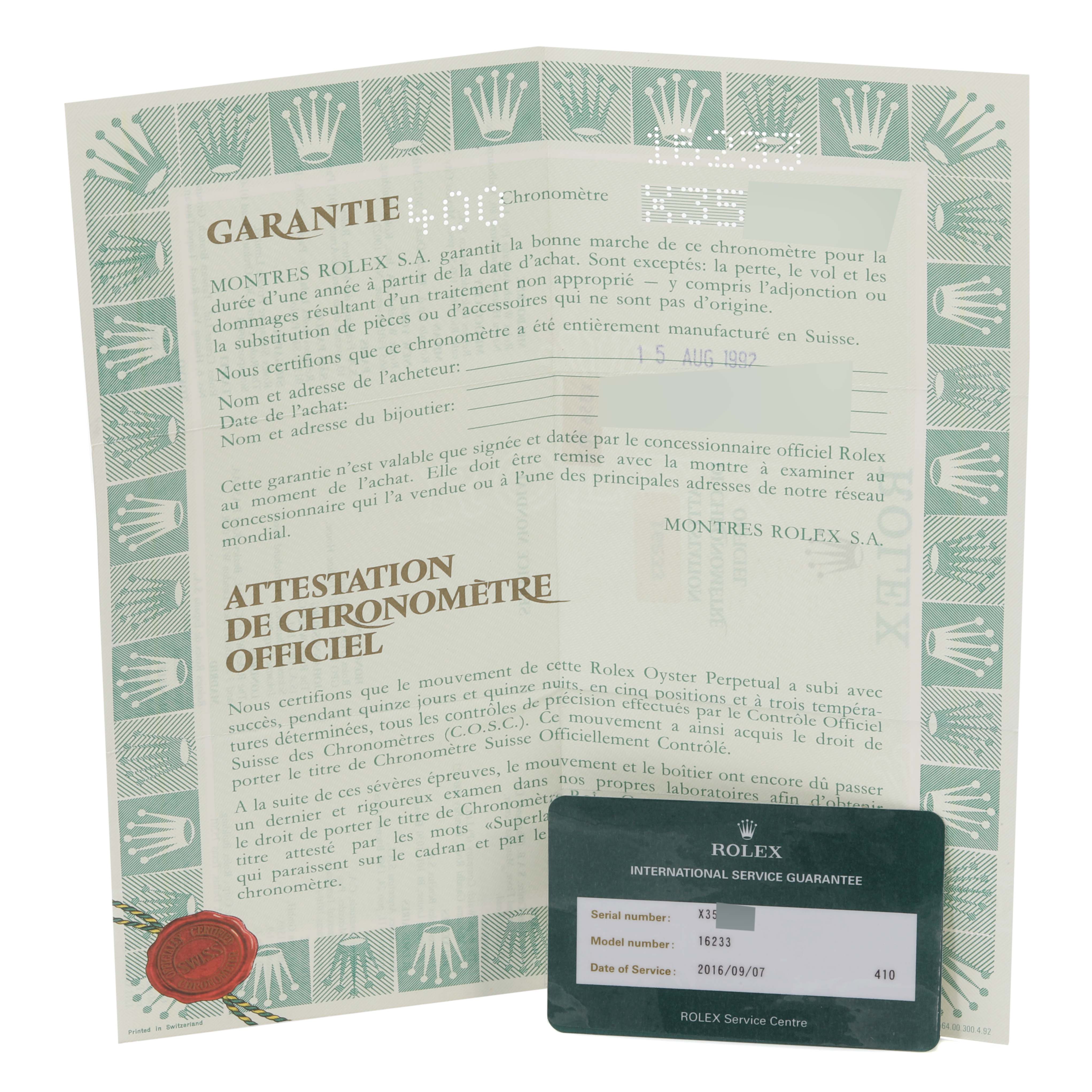 The image shows the warranty and certification papers, along with the service guarantee card for the Rolex Datejust 16233 Men's Steel and Gold (two tone) White Dial 16233 Men's Steel and Gold (two tone) White Dial model.
