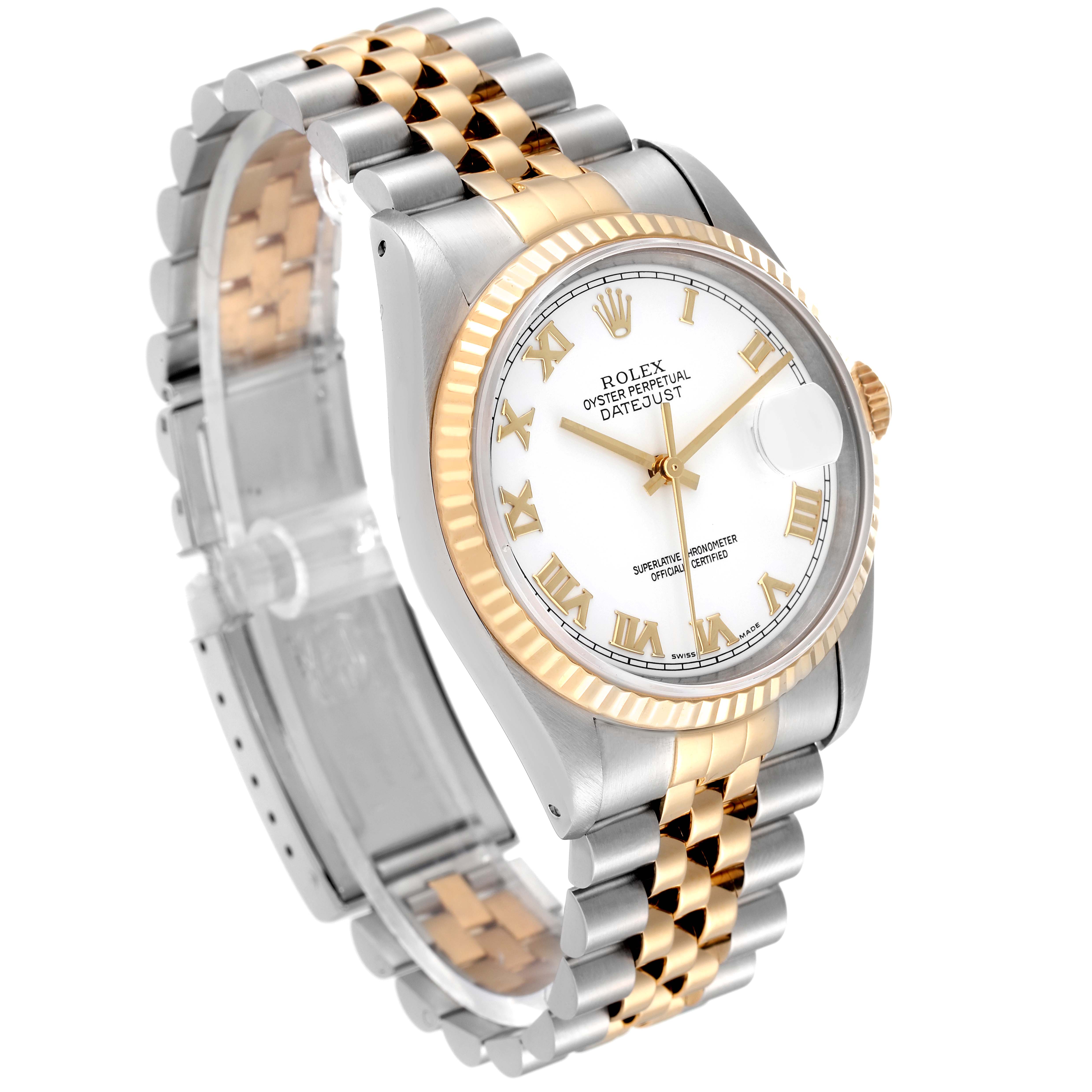 The image shows a Rolex Datejust 16233 Men's Steel and Gold (two tone) White Dial 16233 Men's Steel and Gold (two tone) White Dial watch at a 3/4 angle highlighting the bracelet, bezel, dial, and crown.