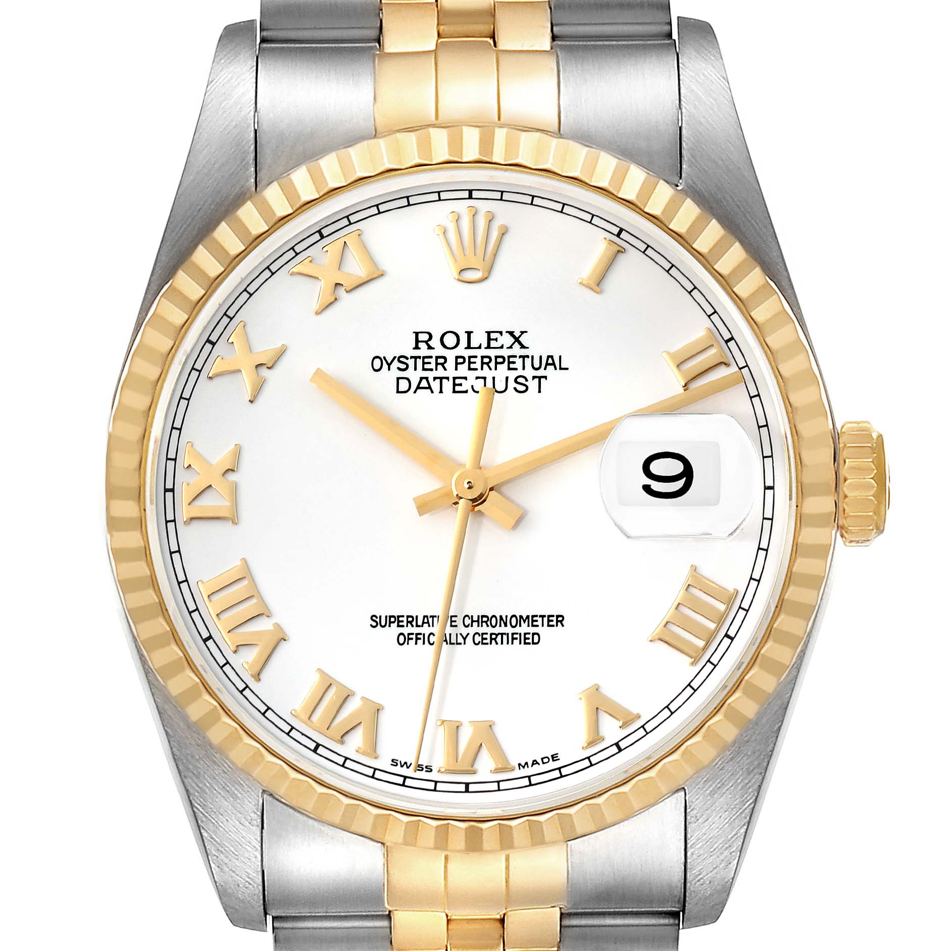 The image shows a Rolex Datejust 16233 Men's Steel and Gold (two tone) White Dial 16233 Men's Steel and Gold (two tone) White Dial watch, featuring the face, bezel, crown, and part of the bracelet at a front angle.