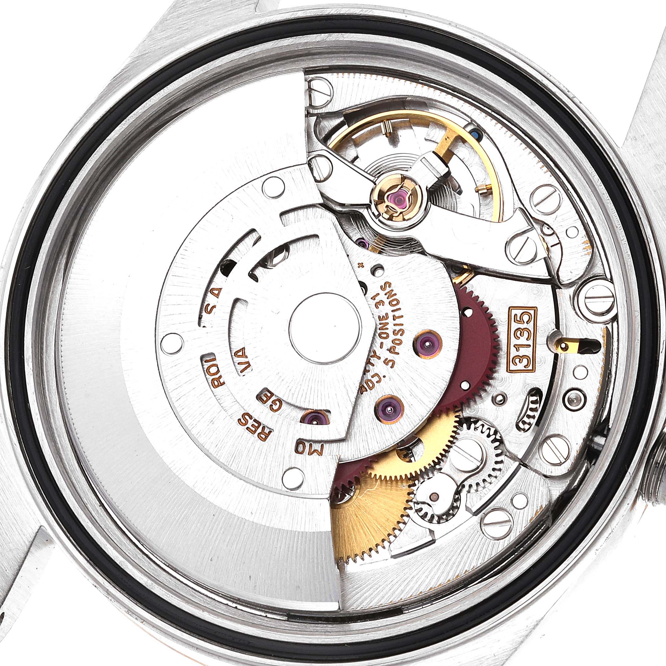 This image shows the internal mechanical movement of a Rolex Datejust 16233 Men's Steel and Gold (two tone) White Dial 16233 Men's Steel and Gold (two tone) White Dial watch from a top-down angle.