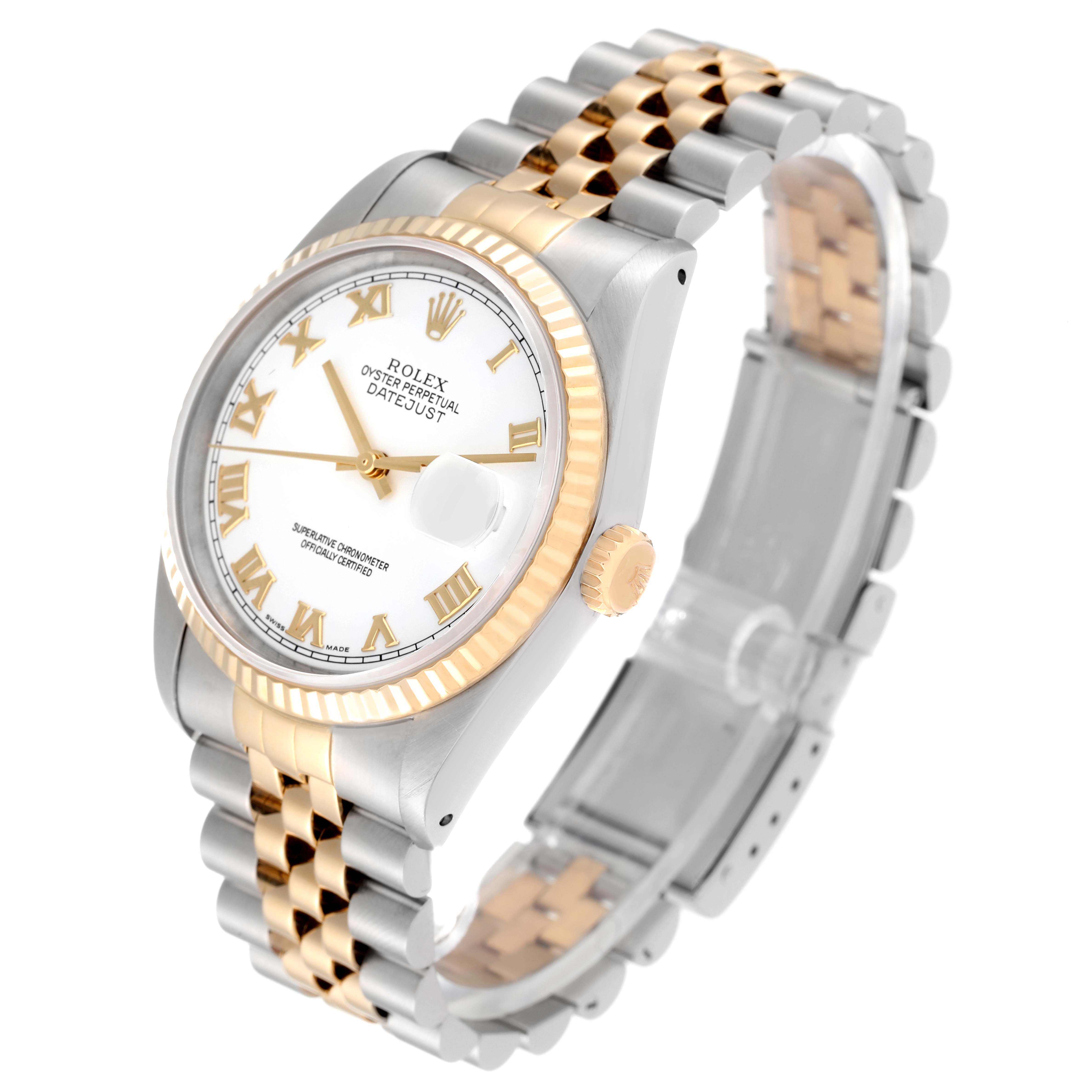 The Rolex Datejust 16233 Men's Steel and Gold (two tone) White Dial 16233 Men's Steel and Gold (two tone) White Dial watch is shown at an angle highlighting the bezel, crown, bracelet, and dial with Roman numerals.
