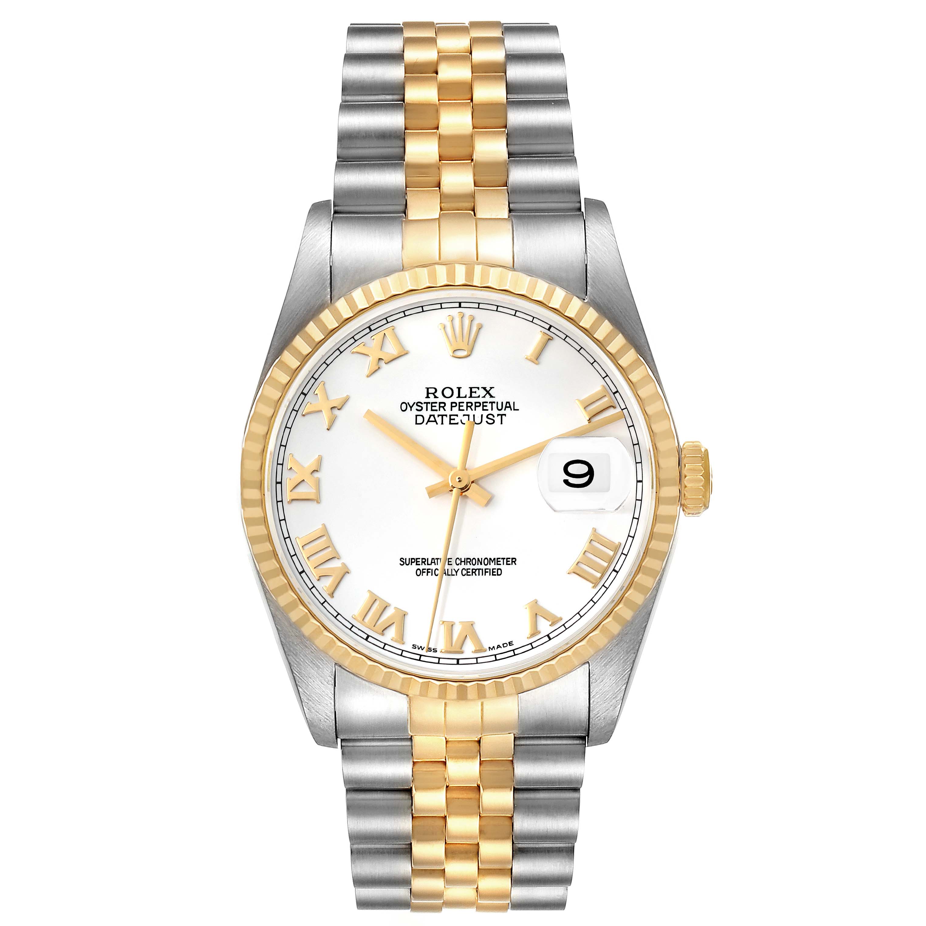 The image shows a front view of a Rolex Datejust 16233 Men's Steel and Gold (two tone) White Dial 16233 Men's Steel and Gold (two tone) White Dial watch featuring a two-tone bracelet and a white dial with gold Roman numerals.