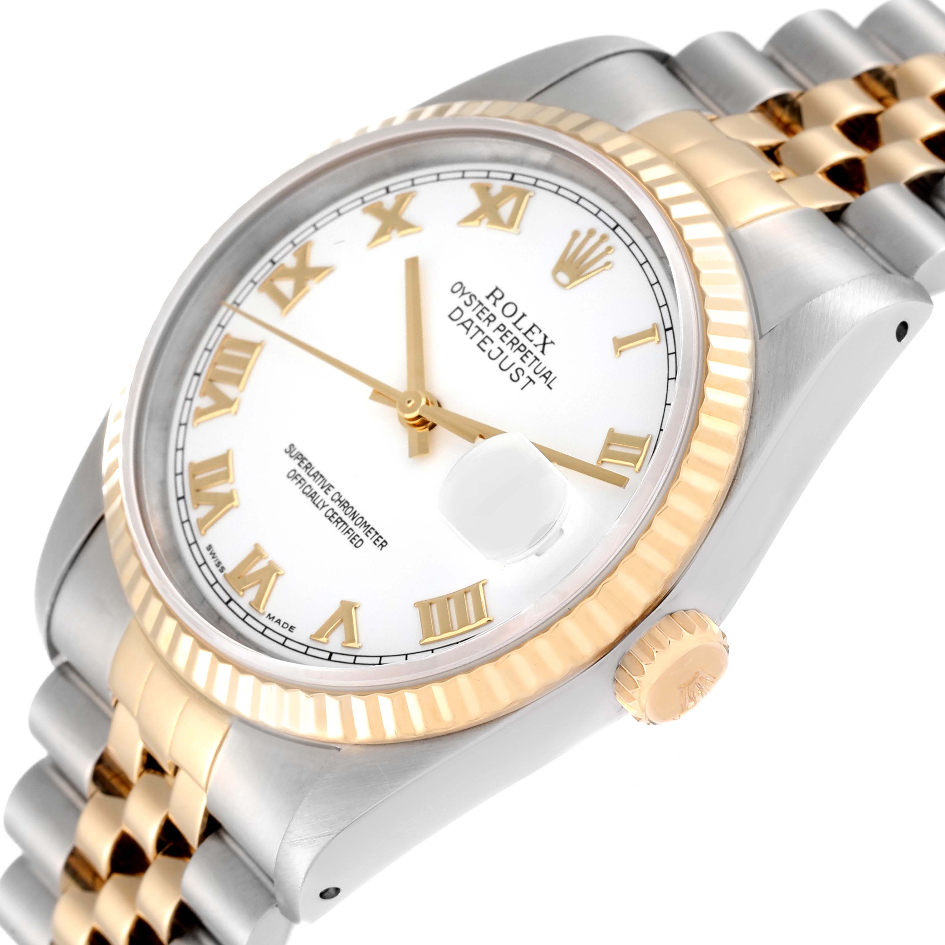 The image shows the Rolex Datejust 16233 Men's Steel and Gold (two tone) White Dial 16233 Men's Steel and Gold (two tone) White Dial watch at an angled close-up, highlighting the dial, bezel, and part of the bracelet.