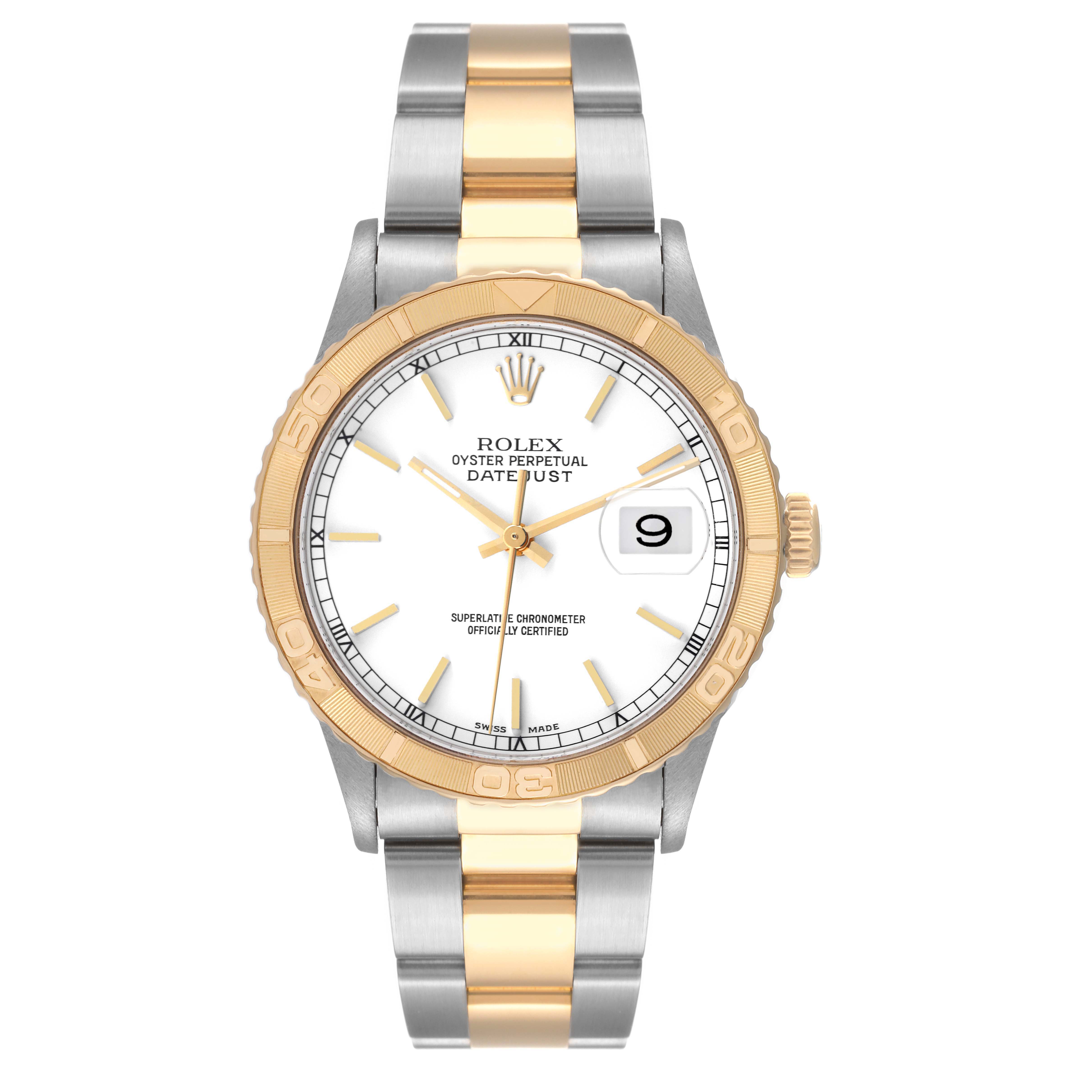 The Rolex Turn-o-Graph 16263 Men
s Steel and Gold (two tone) White Dial 16263 Men
s Steel and Gold (two tone) White Dial watch is shown from a front angle, displaying its face, bezel, and bracelet.