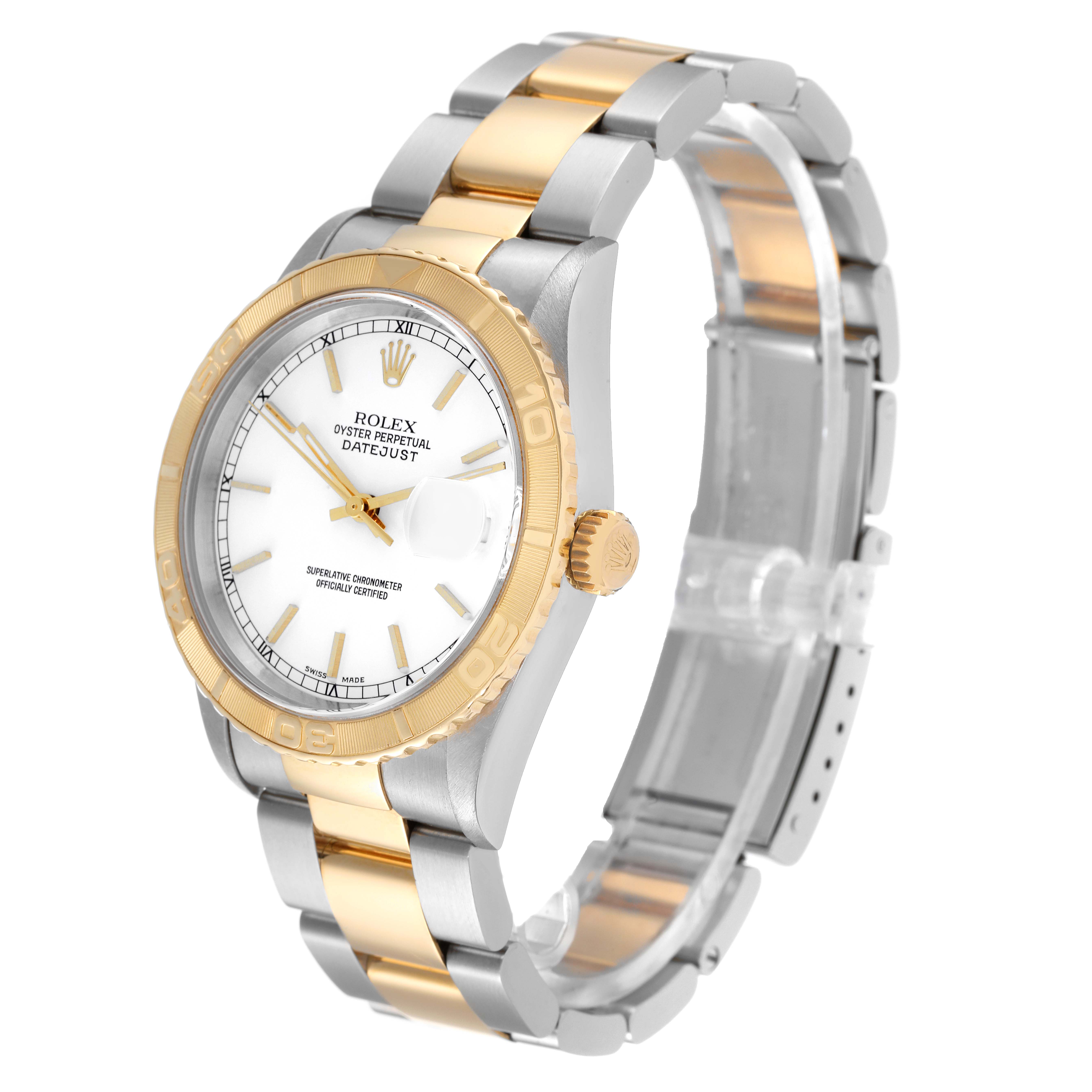 The image shows a Rolex Turn-o-Graph 16263 Men
s Steel and Gold (two tone) White Dial 16263 Men
s Steel and Gold (two tone) White Dial watch viewed from a 3/4 angle, highlighting the face, bezel, crown, and bracelet.