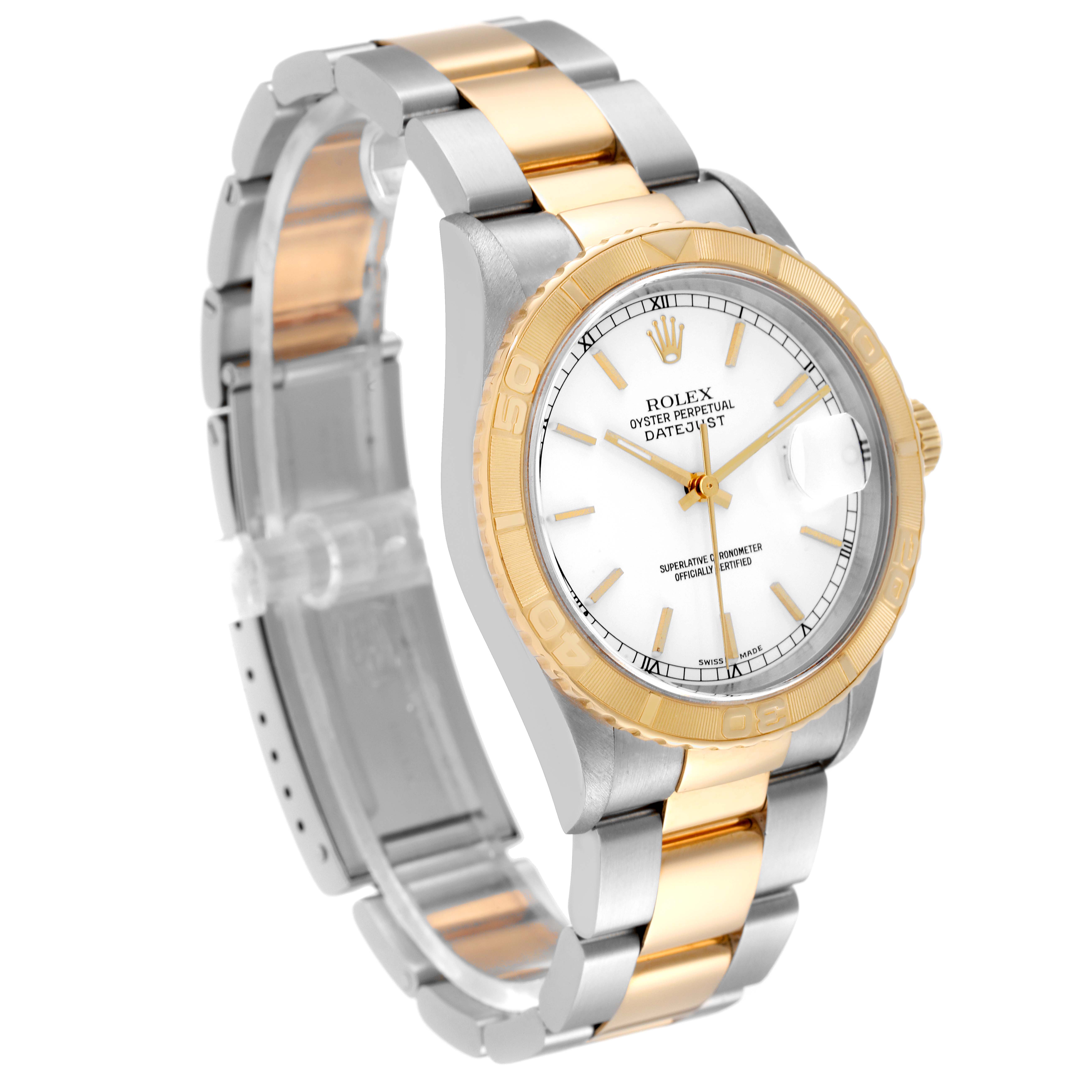 The Rolex Turn-o-Graph 16263 Men
s Steel and Gold (two tone) White Dial 16263 Men
s Steel and Gold (two tone) White Dial watch is shown at a three-quarter angle, highlighting its bi-tone bracelet, bezel, and face.