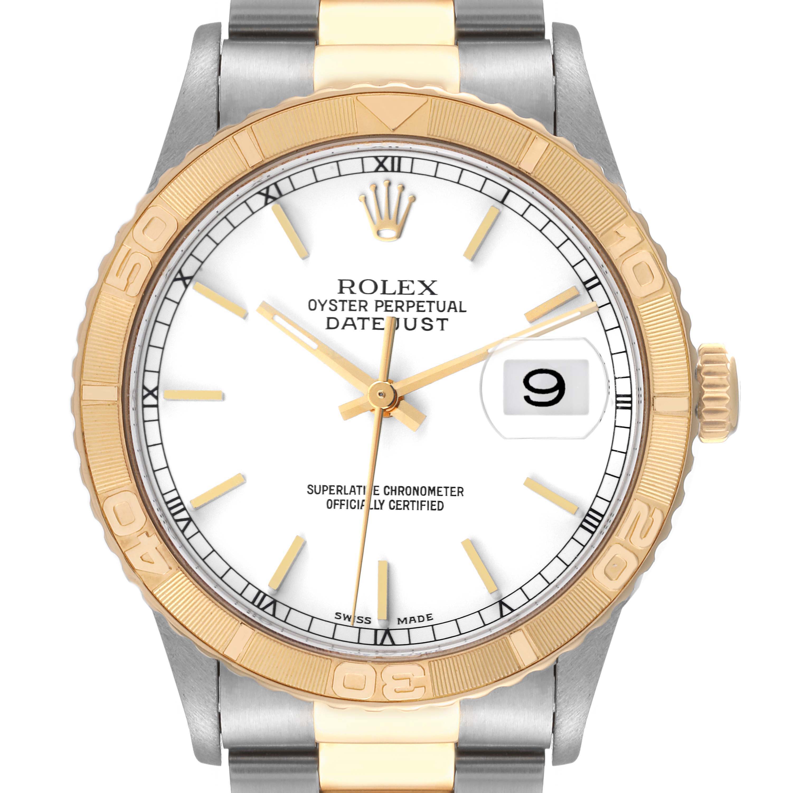 The image shows a frontal view of a Rolex Turn-o-Graph 16263 Men
s Steel and Gold (two tone) White Dial 16263 Men
s Steel and Gold (two tone) White Dial watch, highlighting its gold bezel, white dial, date window, and two-tone bracelet.