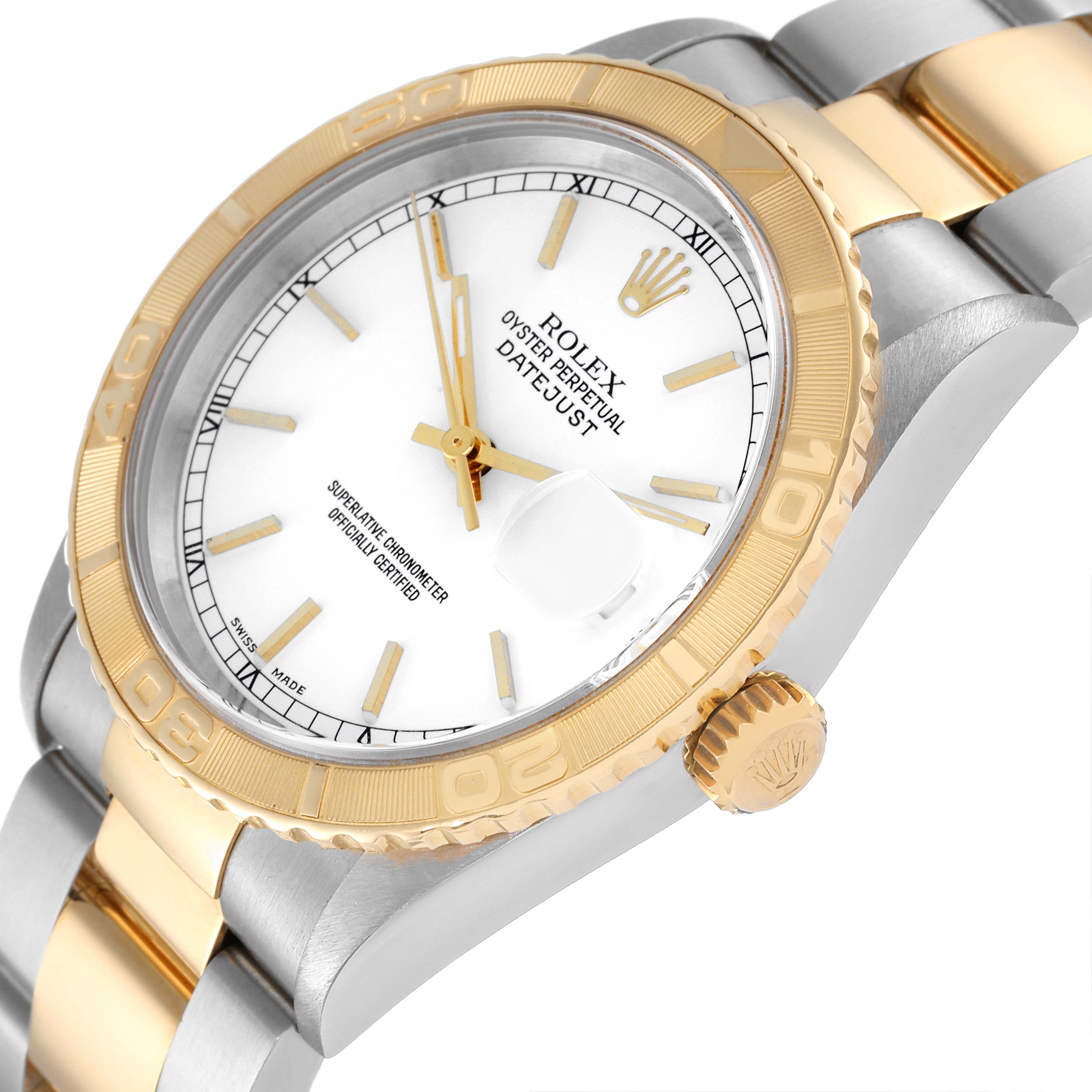 This image shows a Turn-o-Graph model Rolex watch from an angled view, highlighting the bezel, crown, and part of the bracelet.