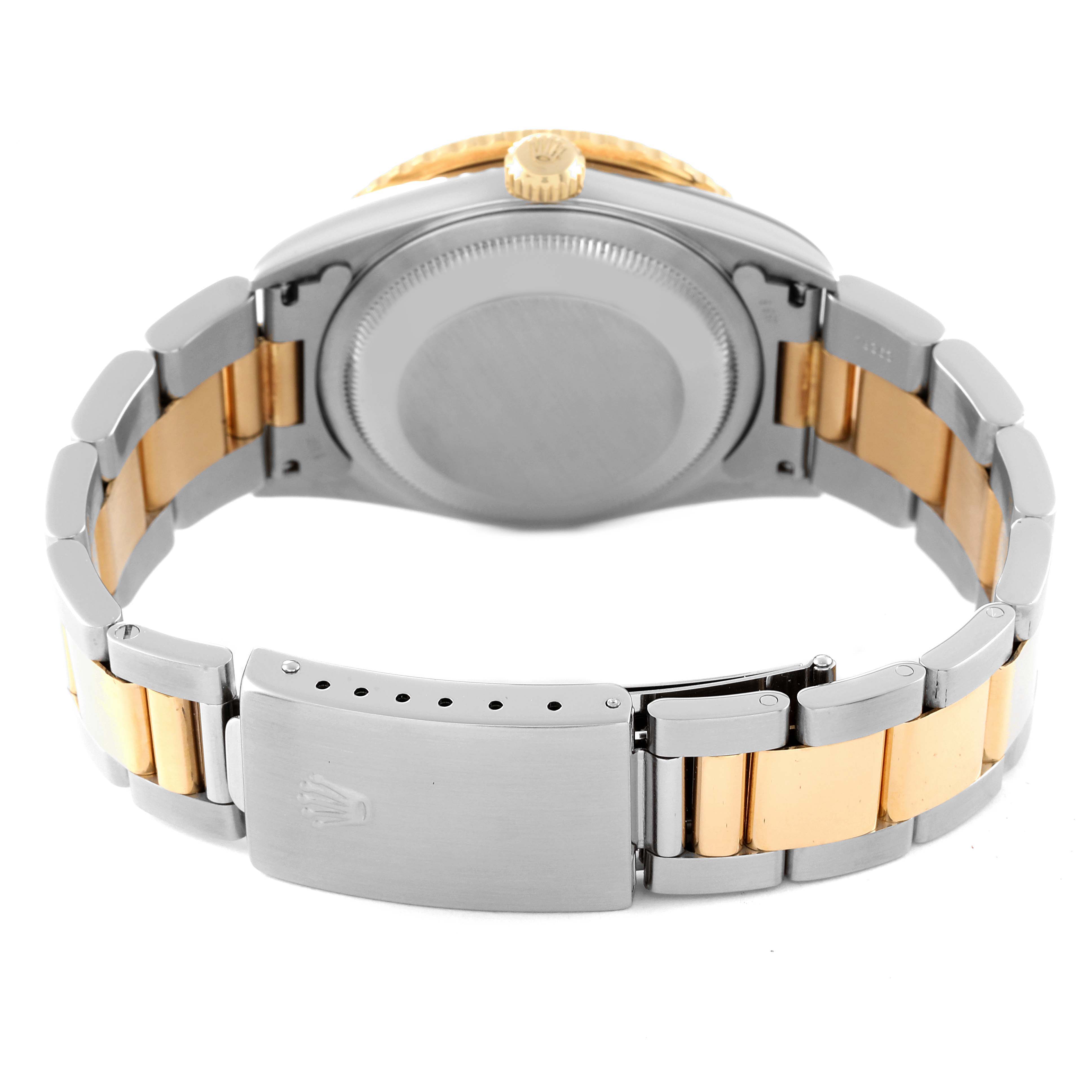 The image shows the back and clasp of a Rolex Turn-o-Graph 16263 Men
s Steel and Gold (two tone) White Dial 16263 Men
s Steel and Gold (two tone) White Dial watch, highlighting its two-tone metal bracelet.