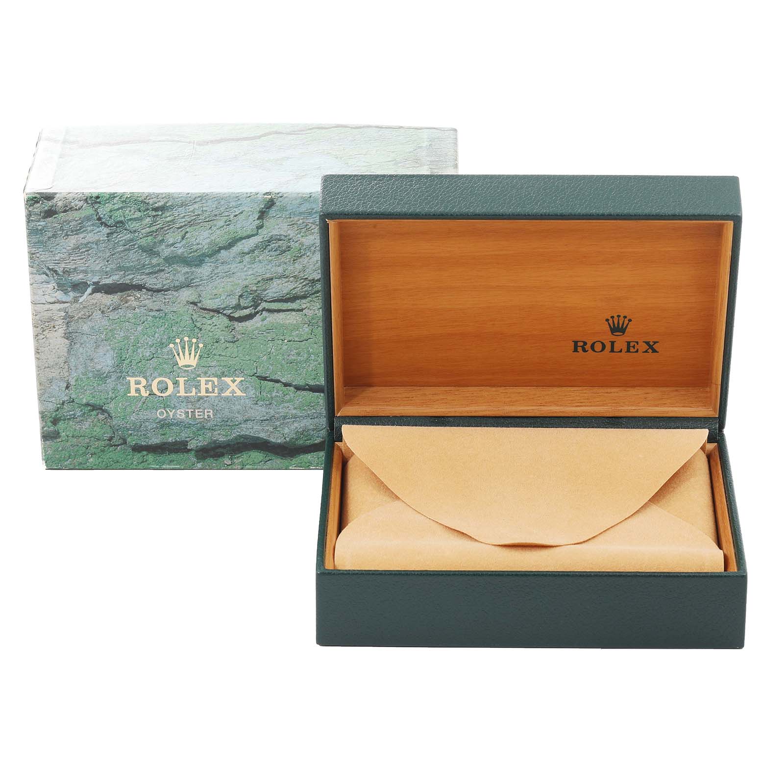 The image shows an open Rolex Turn-o-Graph 16263 Men
s Steel and Gold (two tone) White Dial 16263 Men
s Steel and Gold (two tone) White Dial watch box and its green outer packaging.