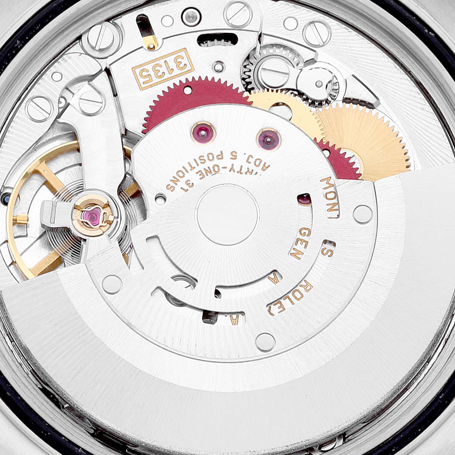 This is a close-up view of the intricate internal mechanism of a Rolex Turn-o-Graph 16263 Men
s Steel and Gold (two tone) White Dial 16263 Men
s Steel and Gold (two tone) White Dial watch, showcasing gears and movement components.