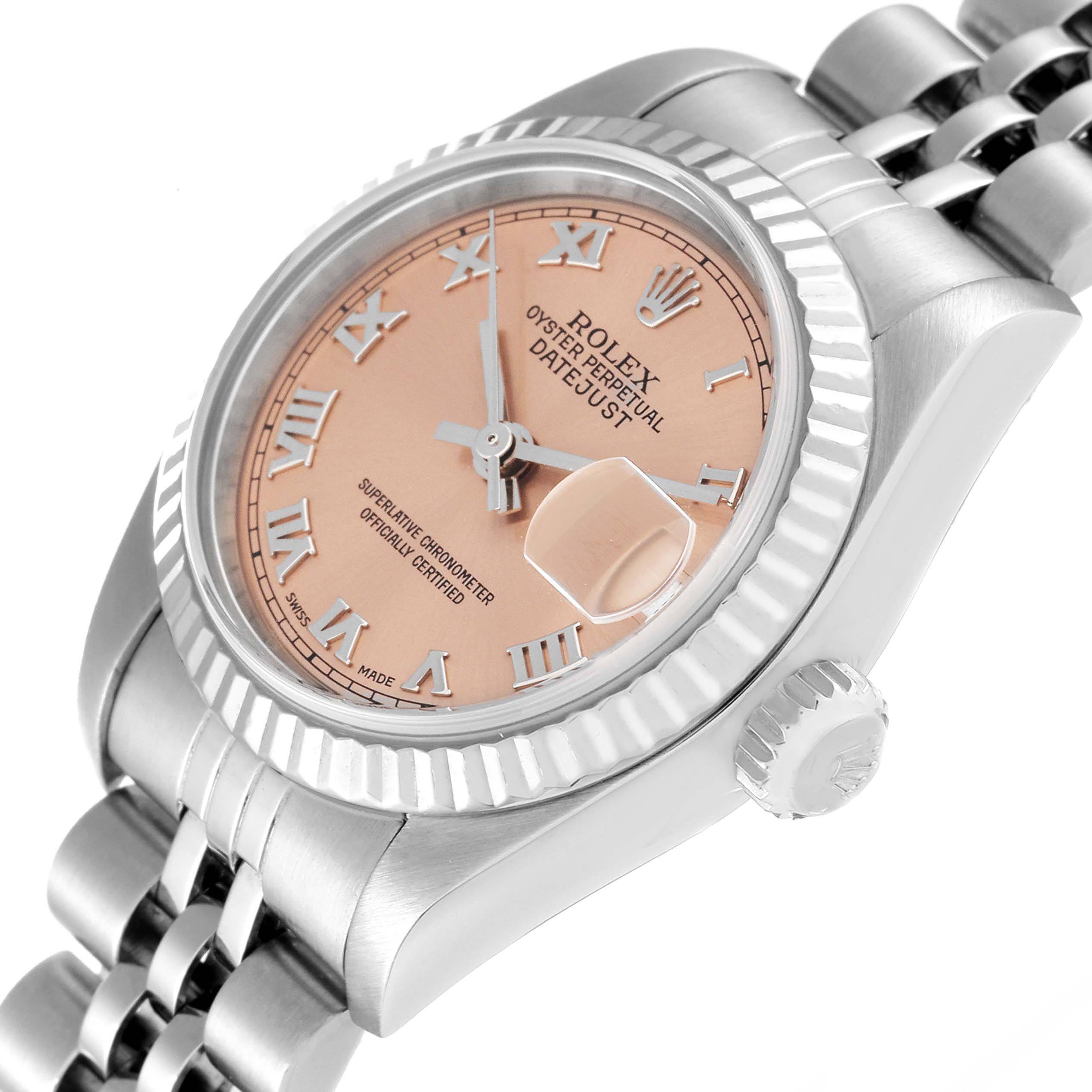 This image shows a Rolex Datejust 79174 Women's Stainless Steel Orange Dial 79174 Women's Stainless Steel Orange Dial watch at an angled view, highlighting the dial, bezel, crown, and part of the bracelet.