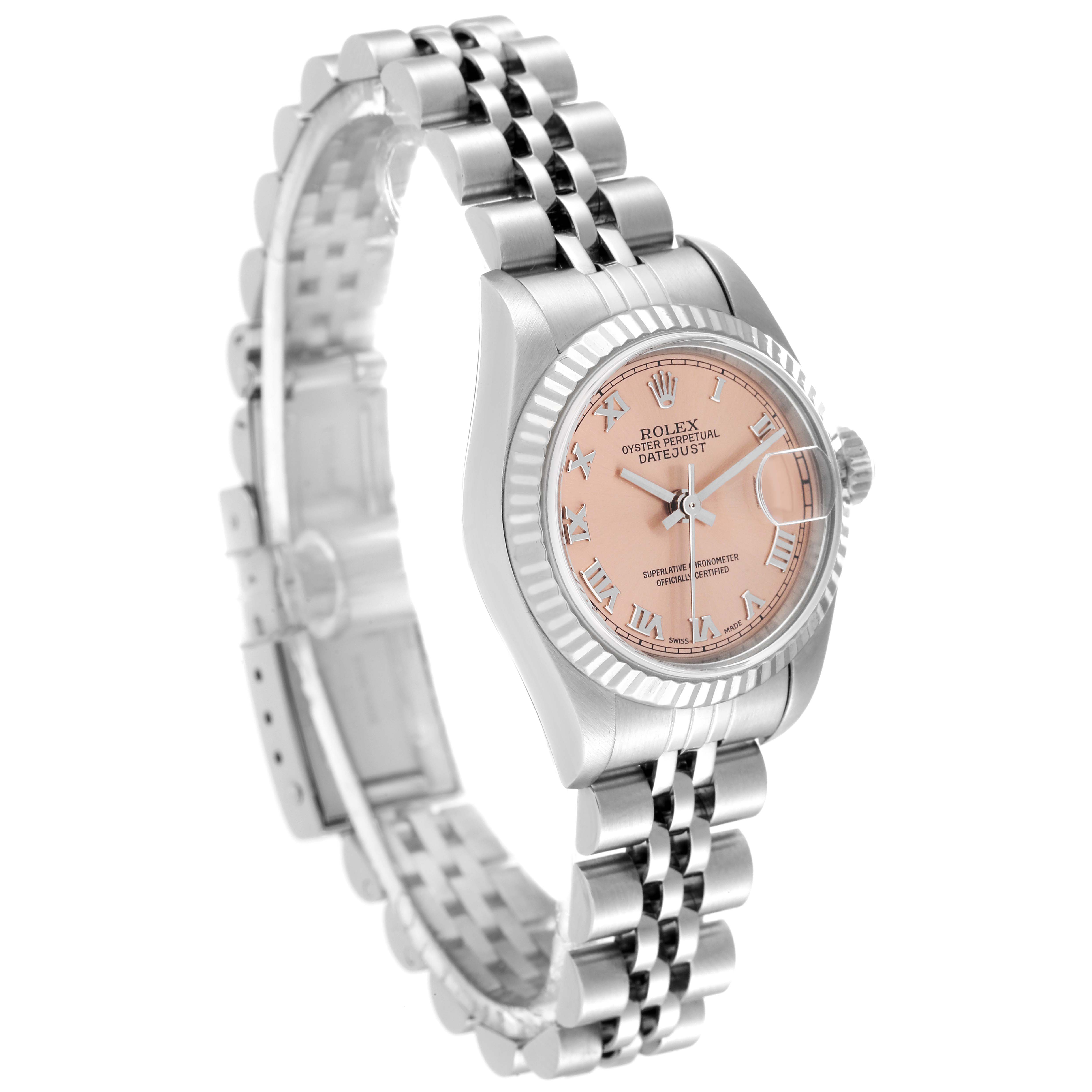 This Rolex Datejust 79174 Women's Stainless Steel Orange Dial 79174 Women's Stainless Steel Orange Dial watch is shown from an angle focusing on its face, bezel, and bracelet.