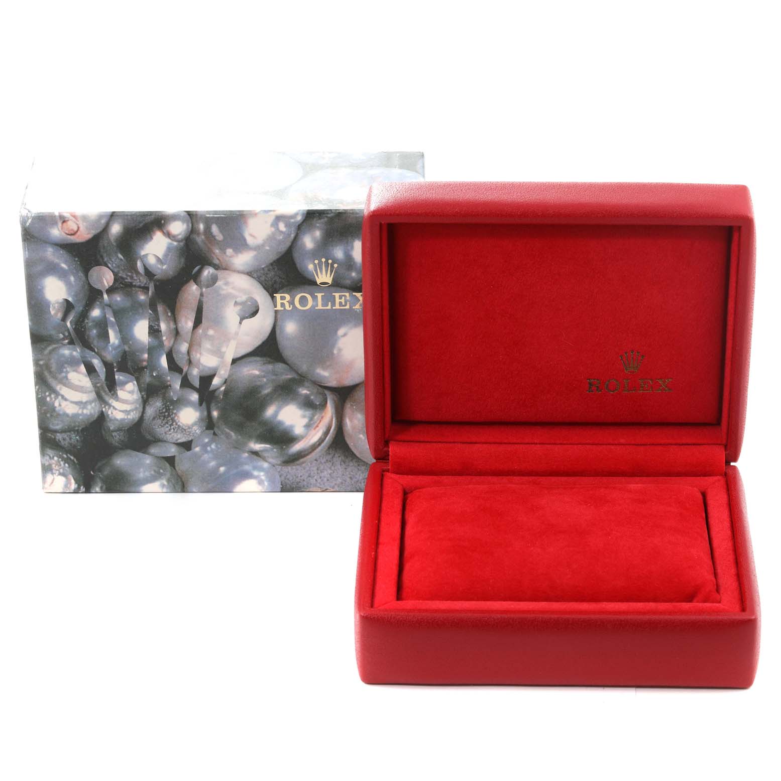 The image shows an open red Rolex Datejust 79174 Women's Stainless Steel Orange Dial 79174 Women's Stainless Steel Orange Dial watch box with a decorative outer box in the background.