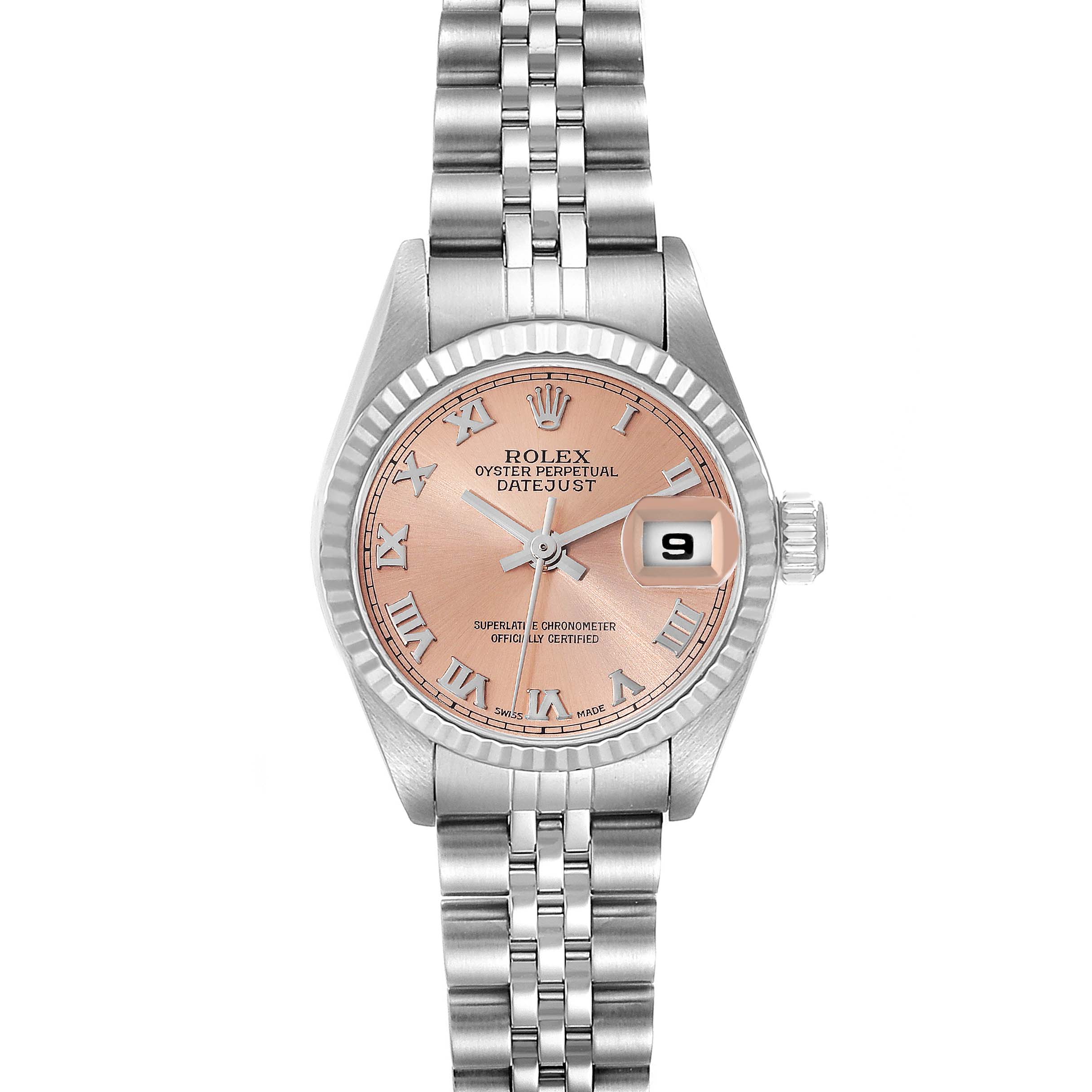 The image shows a front view of a Rolex Datejust 79174 Women's Stainless Steel Orange Dial 79174 Women's Stainless Steel Orange Dial watch with a pink dial and Jubilee bracelet, displaying the date at 3 o'clock.