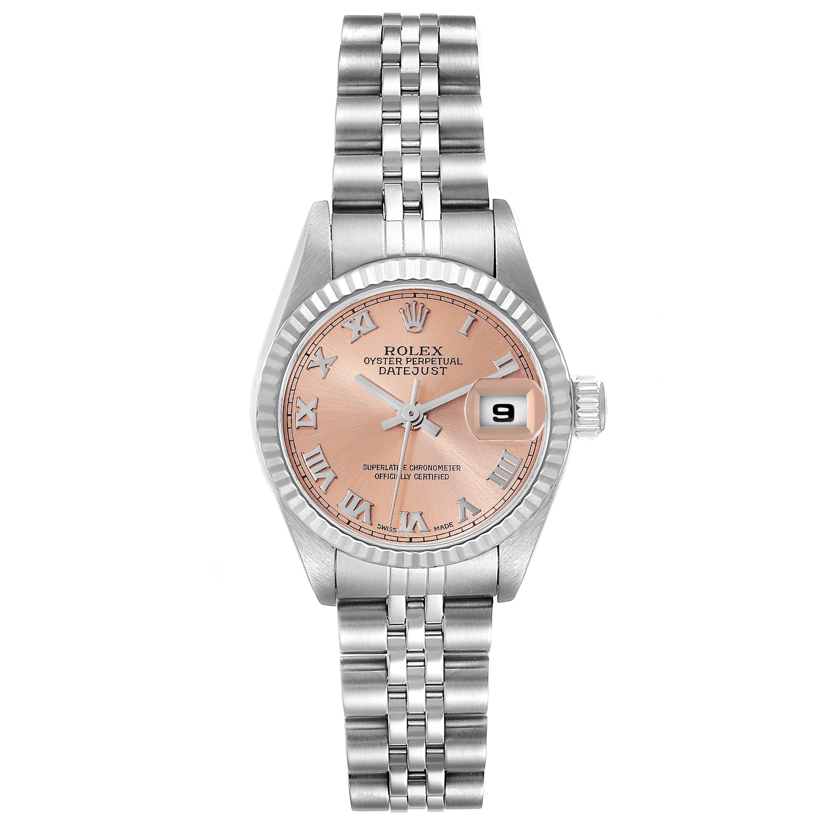 This image shows a frontal view of the Rolex Datejust 79174 Women's Stainless Steel Orange Dial 79174 Women's Stainless Steel Orange Dial watch, highlighting its dial, bezel, and Jubilee bracelet.
